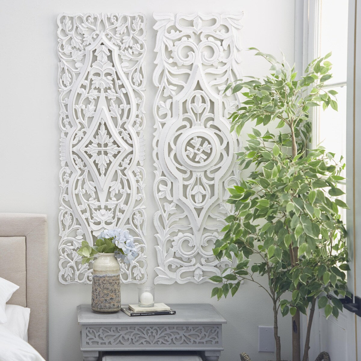 Wood Floral Handmade Intricately Carved Arabesque Home Wall Decor - Set of 2 White - Roche River Decor