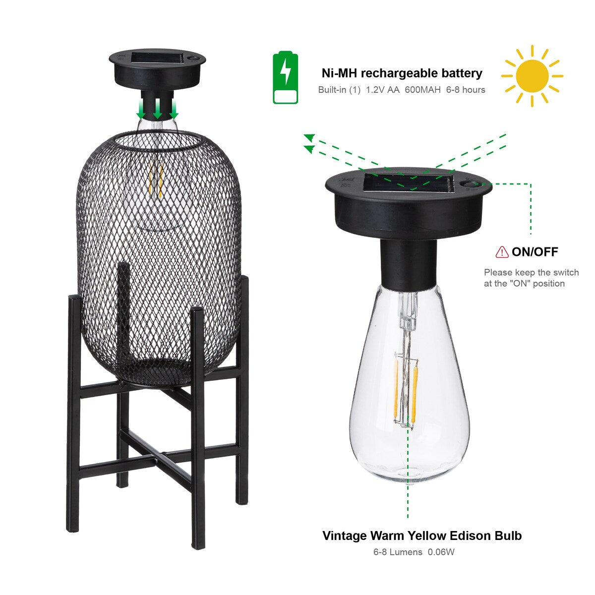 Glitzhome Set of 2 Metal Black Solar Powered Outdoor Lantern with Stand