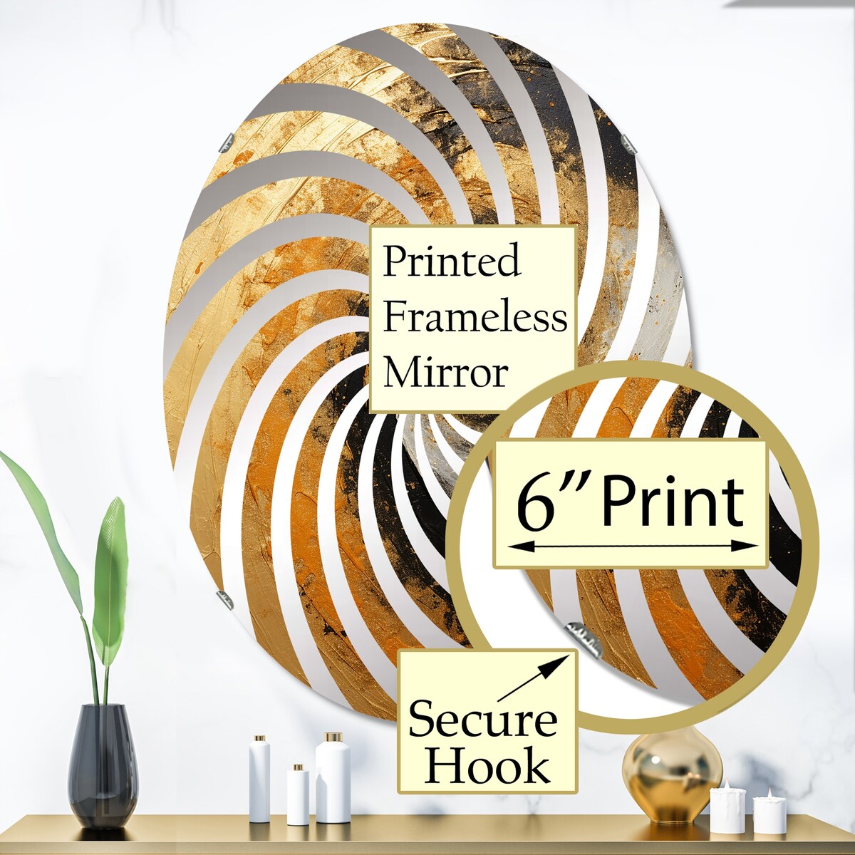 Designart Gold Black Desert Mirage Spiral I Abstract Spirals Gold Wall Mirror - Modern Large Mirror For Living Room