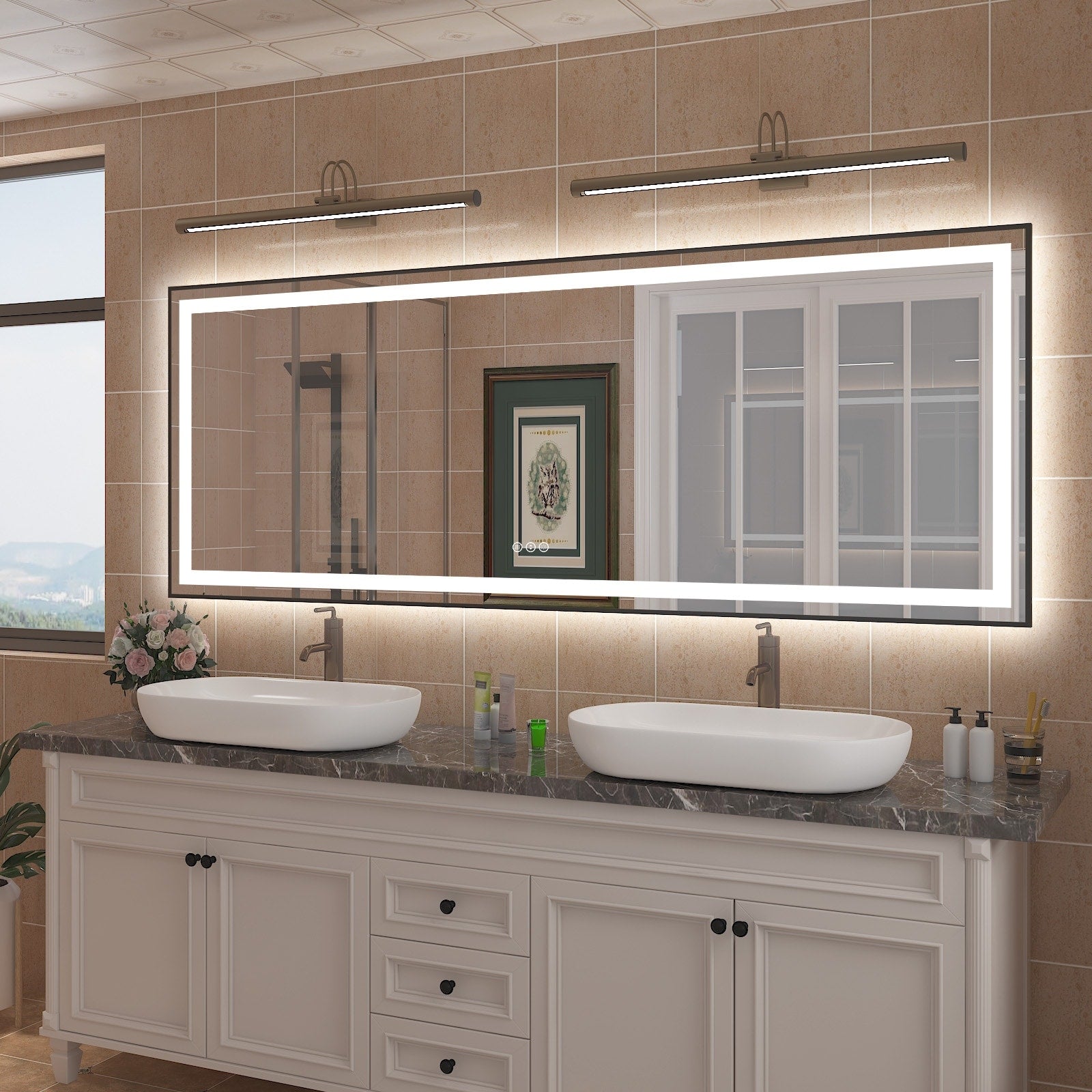 KIOTEE Super Bright Front & Back LED Lighted Anti-Fog Wall Bathroom Vanity Mirror in Tempered Glass