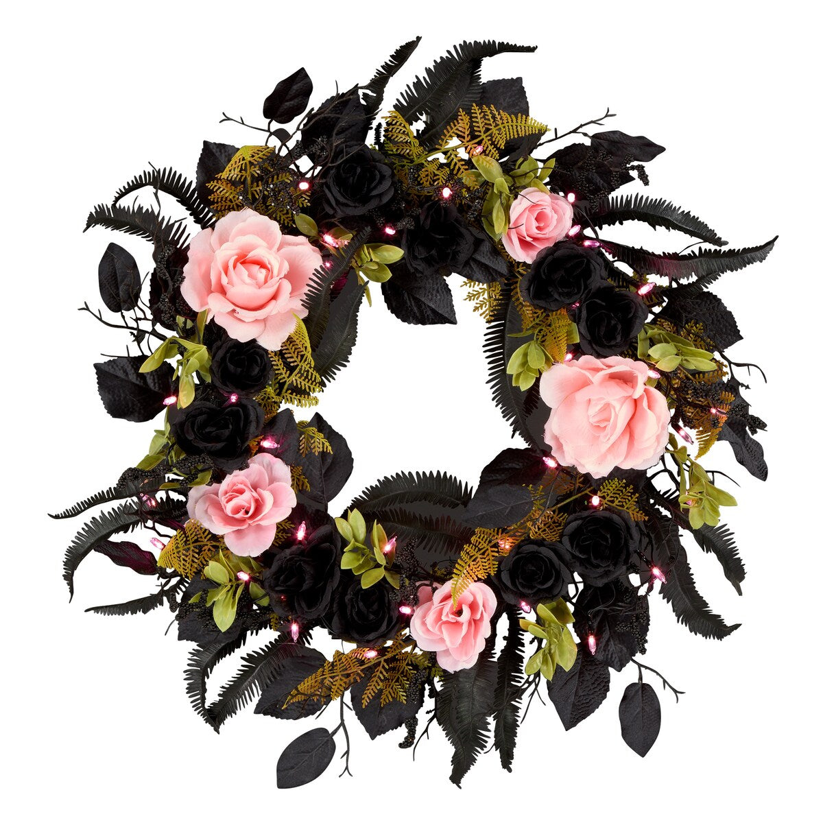 National Tree Company 24 Artificial Cute and Creep Halloween Wreath, 40 Pink LED Lights, Battery Operated