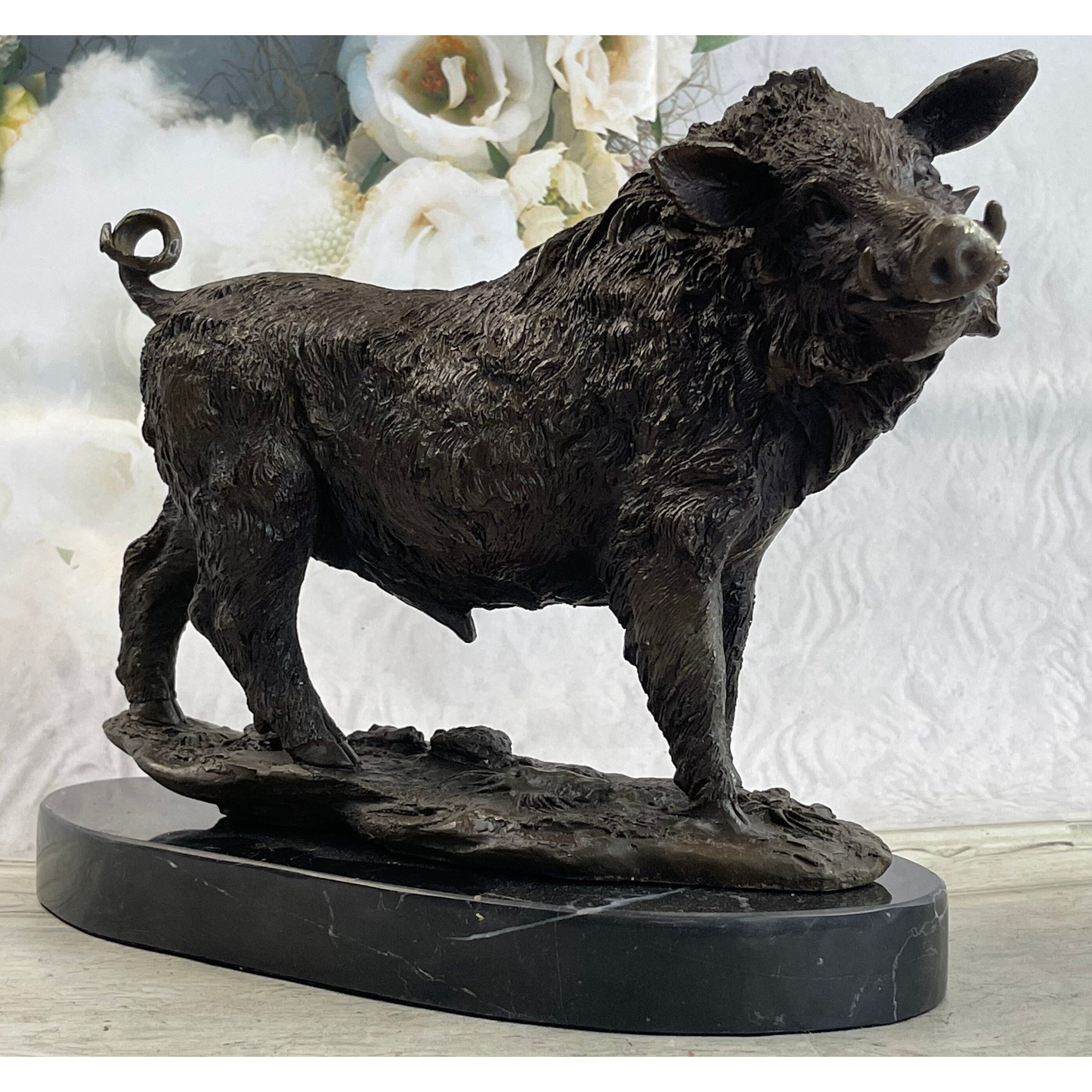 Bronze Sculpture Large Signed Barye Wild Boar Pig Art Deco Marble Figurine Decor