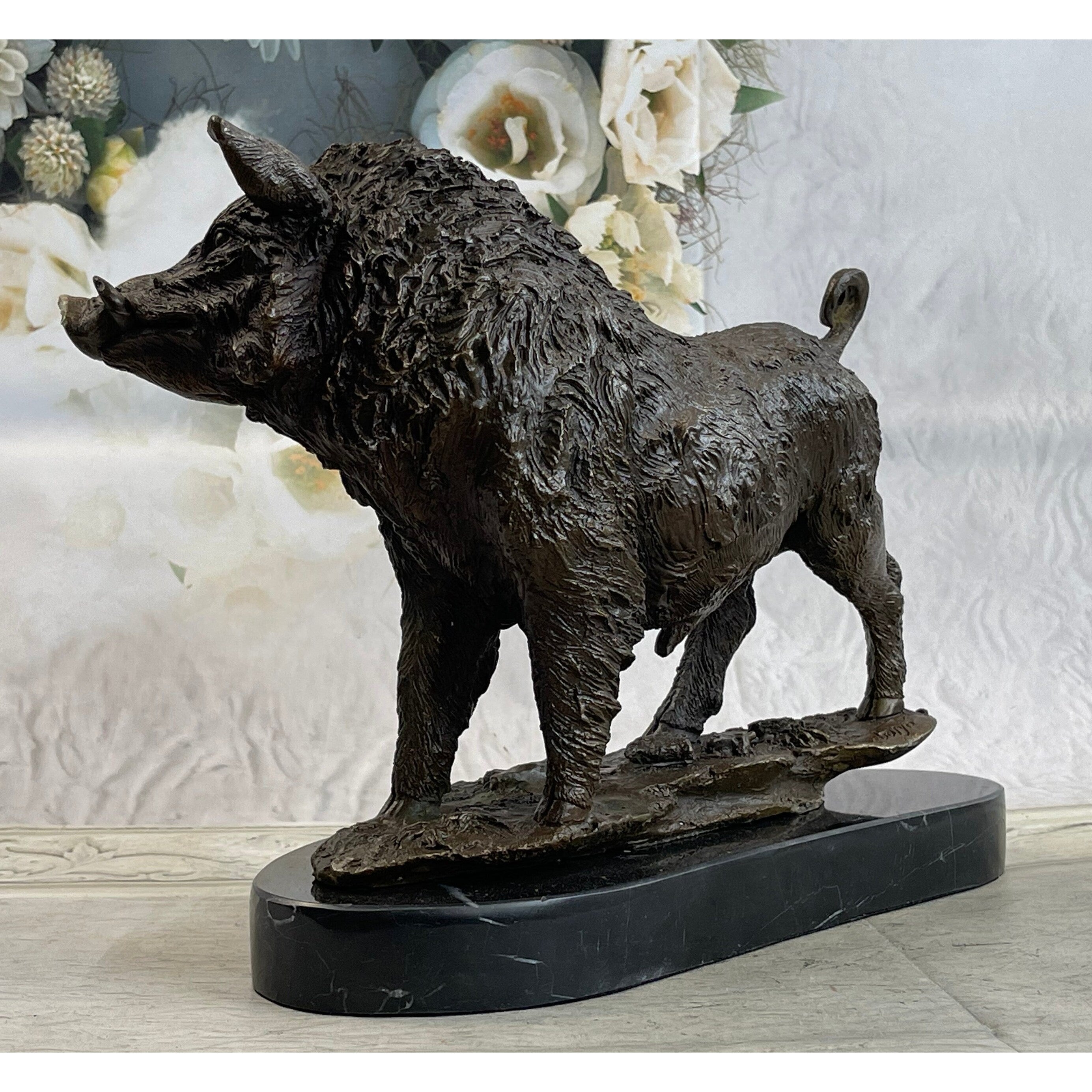 Bronze Sculpture Large Signed Barye Wild Boar Pig Art Deco Marble Figurine Decor