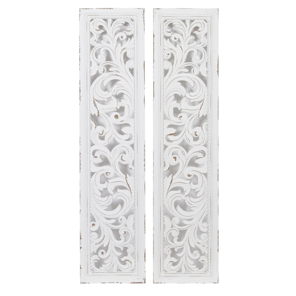 Wood Scroll Handmade Slim Distressed Carved Panel Home Wall Decor - Set of 2 White - Roche River Decor