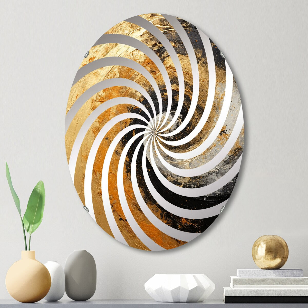 Designart Gold Black Desert Mirage Spiral I Abstract Spirals Gold Wall Mirror - Modern Large Mirror For Living Room