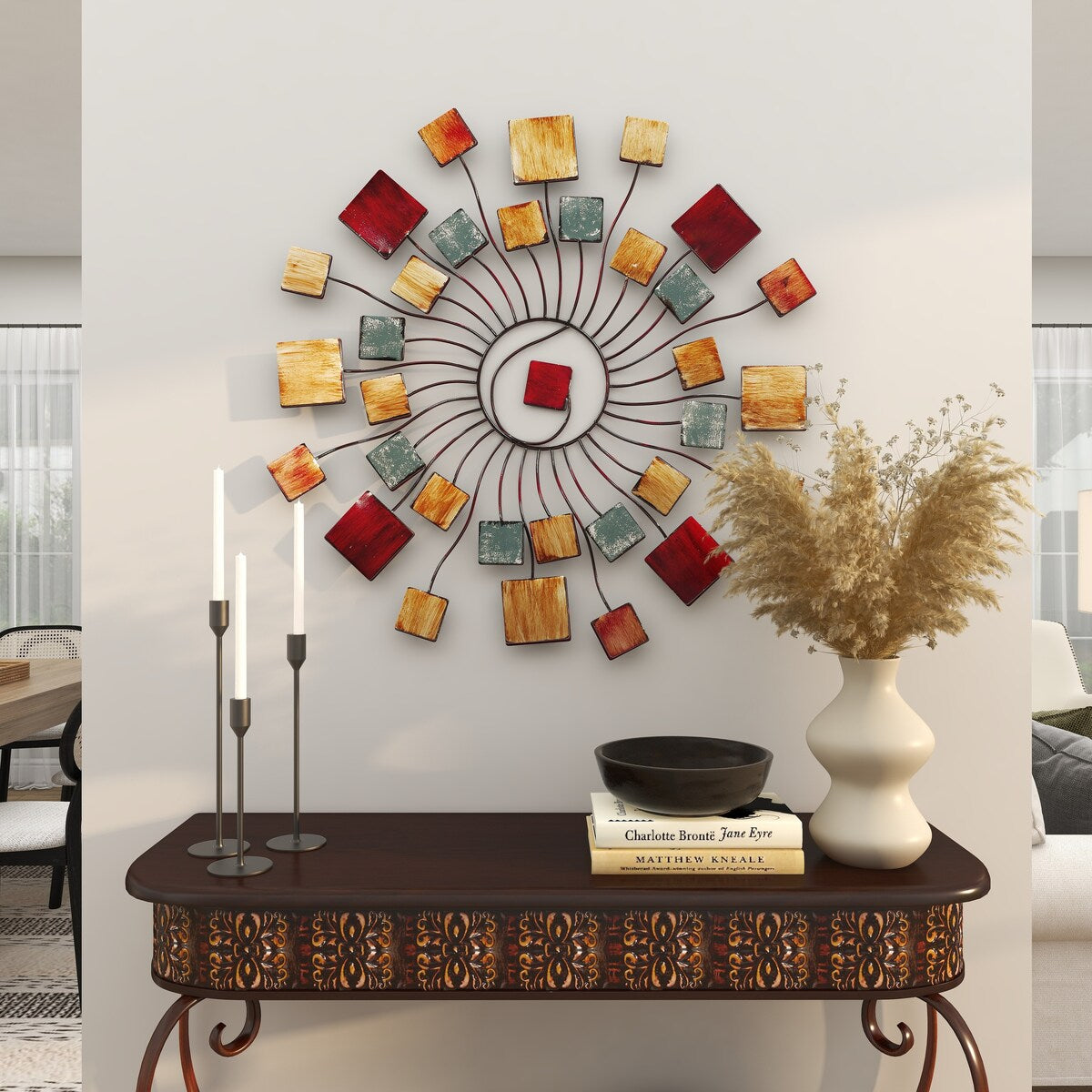 Metal Sunburst Wire Home Wall Decor with Square Shaped Accents - Multi Colored - Roche River Decor