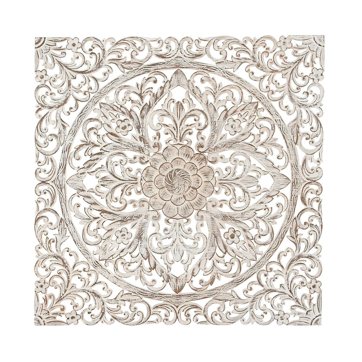 Wood Floral Handmade Intricately Carved Mandala Home Wall Decor with Brown Distressing - White - Roche River Decor