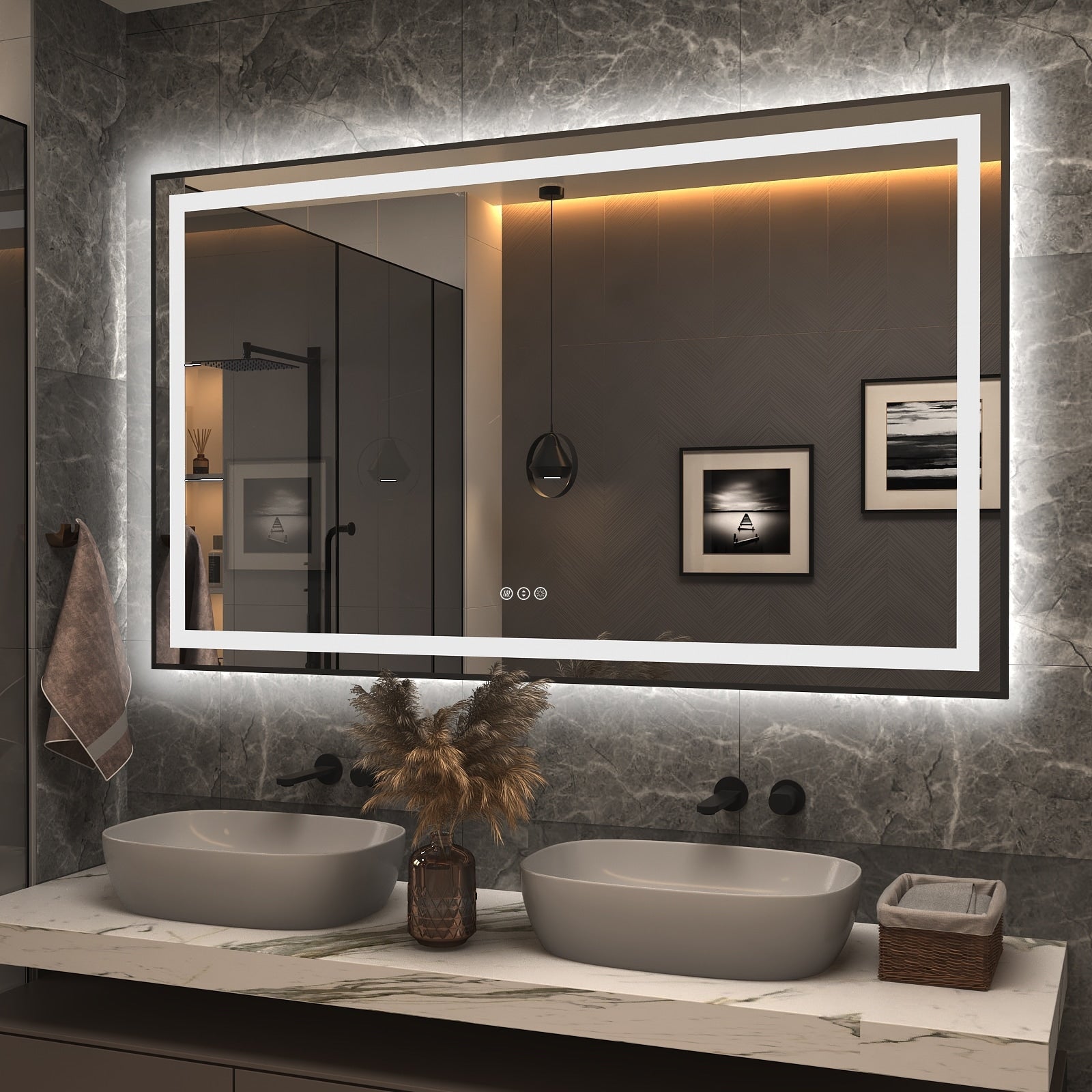 KIOTEE Super Bright Front & Back LED Lighted Anti-Fog Wall Bathroom Vanity Mirror in Tempered Glass