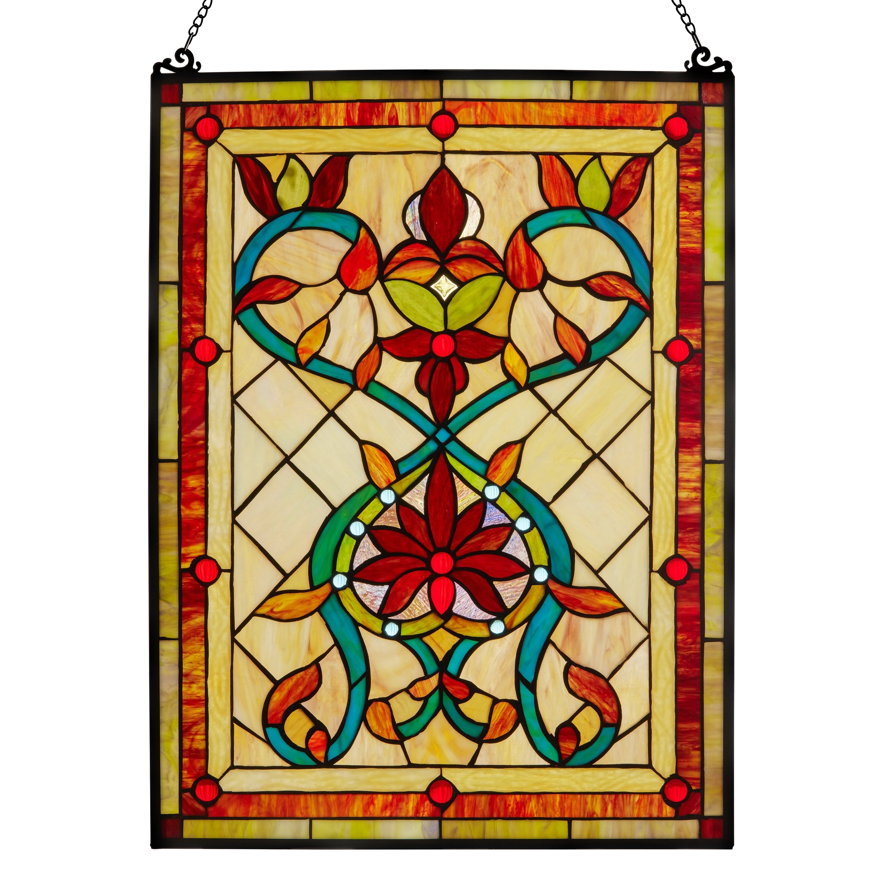 River of Goods Tiffany Style Firey Hearts and Flowers Stained Glass 24-inch Window Panel - 18L x 0.25W x 24H