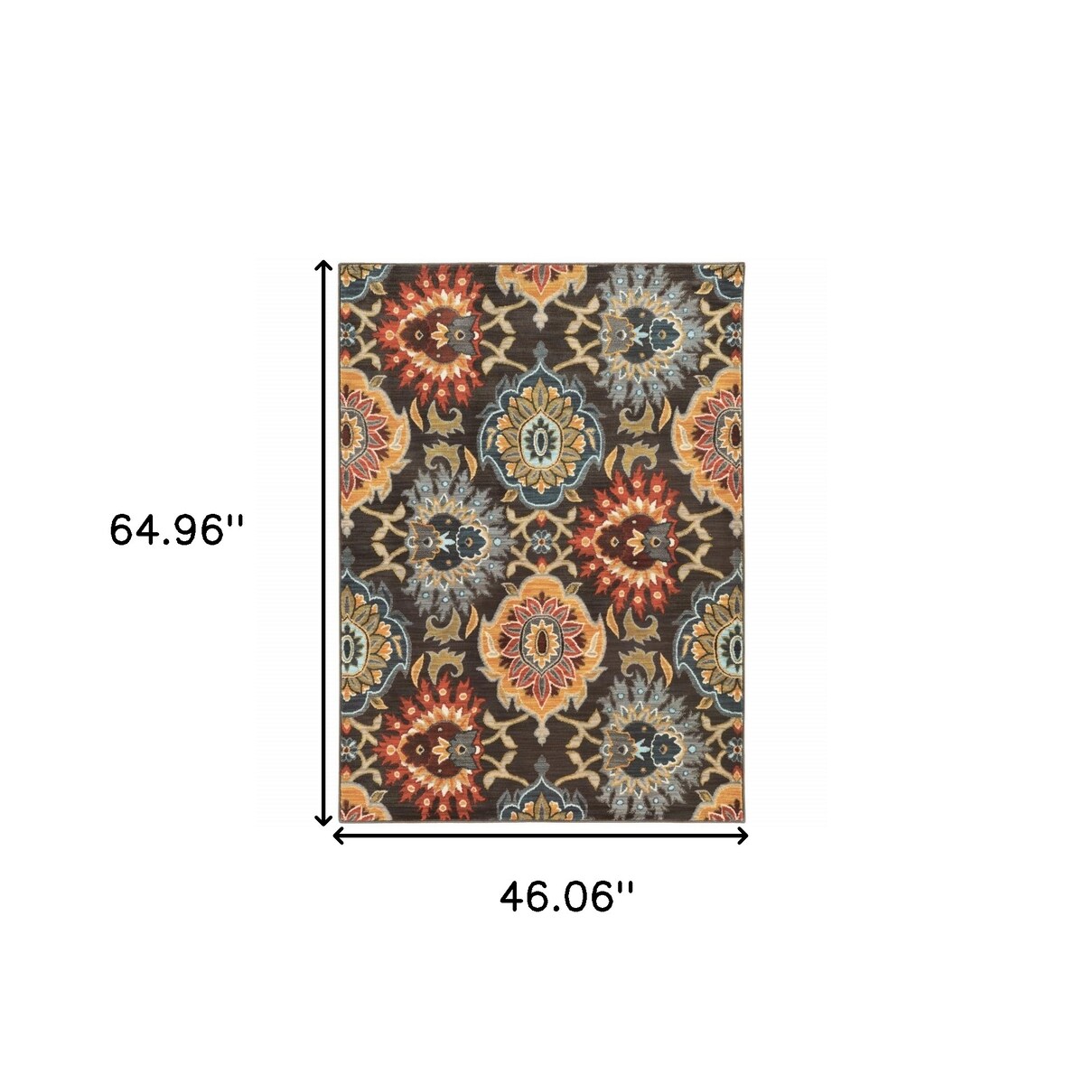 4' X 6' Brown Grey Rust Red Gold Teal And Blue Green Floral Power Loom Stain Resistant Area Rug - 3'6