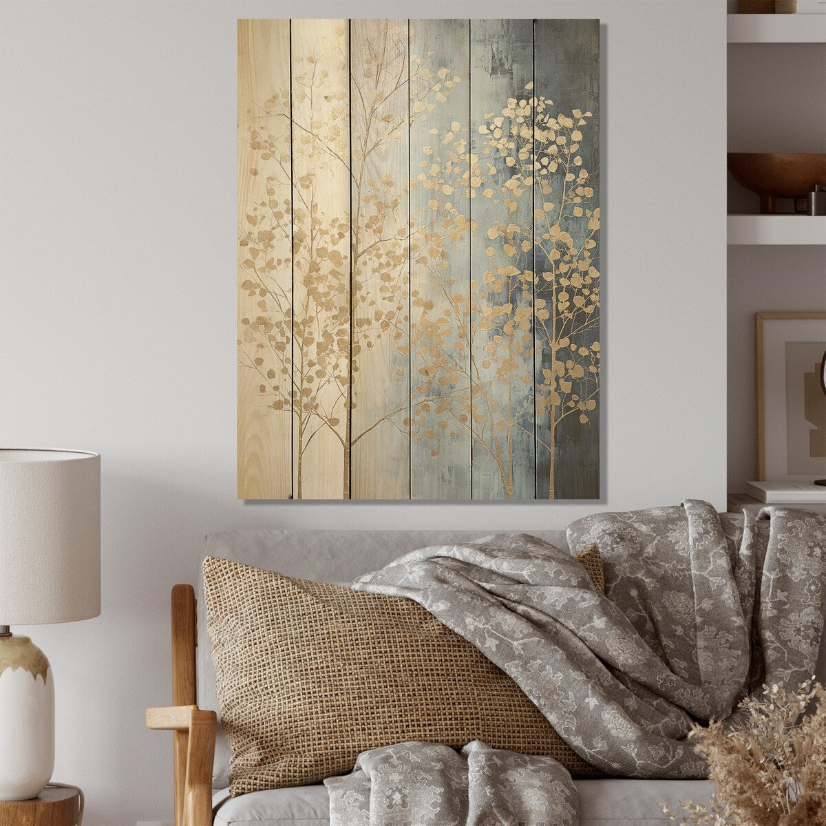 Designart Minimalism Beige And Blue Trees Harmony Trees Wood Wall Art - Traditional Wood Panel On Natural Pine Wood