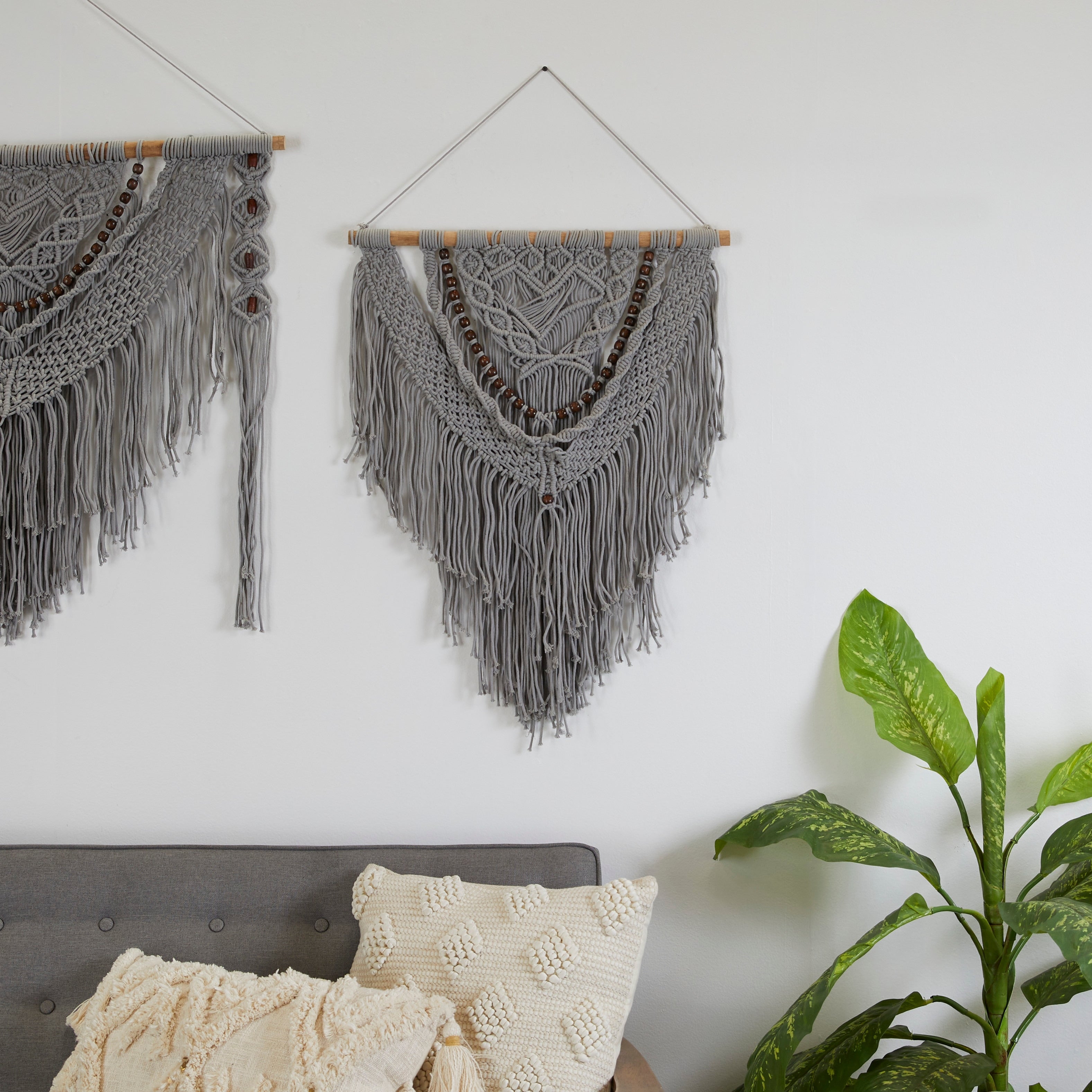 Cotton Handmade Intricately Weaved Macrame Wall Decor with Beaded Fringe Tassels - Gray or Cream