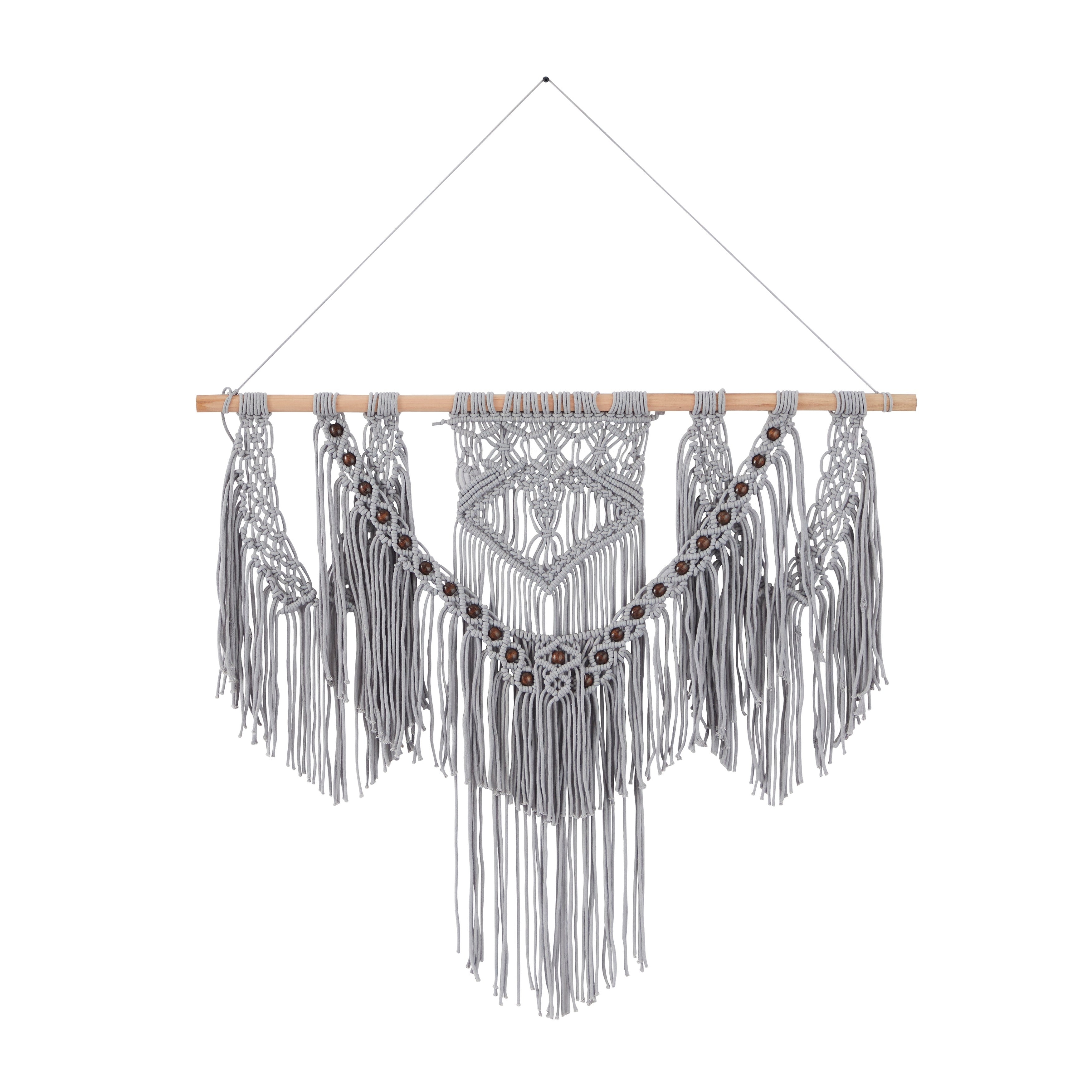 Cotton Handmade Intricately Weaved Macrame Wall Decor with Beaded Fringe Tassels - Gray or Cream