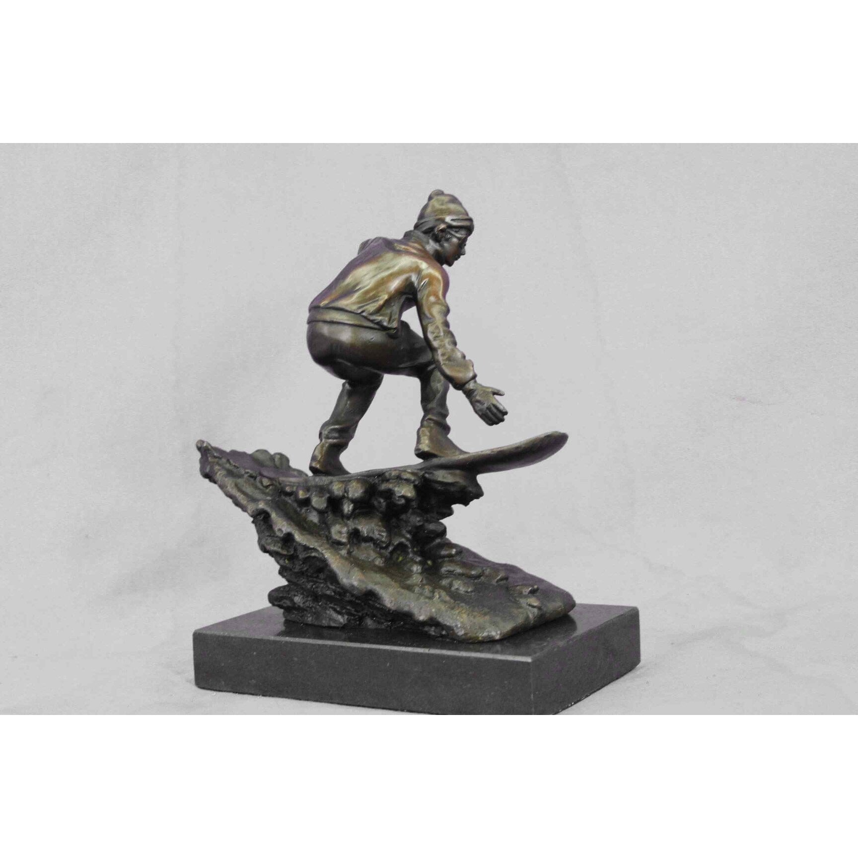 Real Bronze Marble Ski Snowboarder Winter Sport Figurine Sculpture Figural Decor