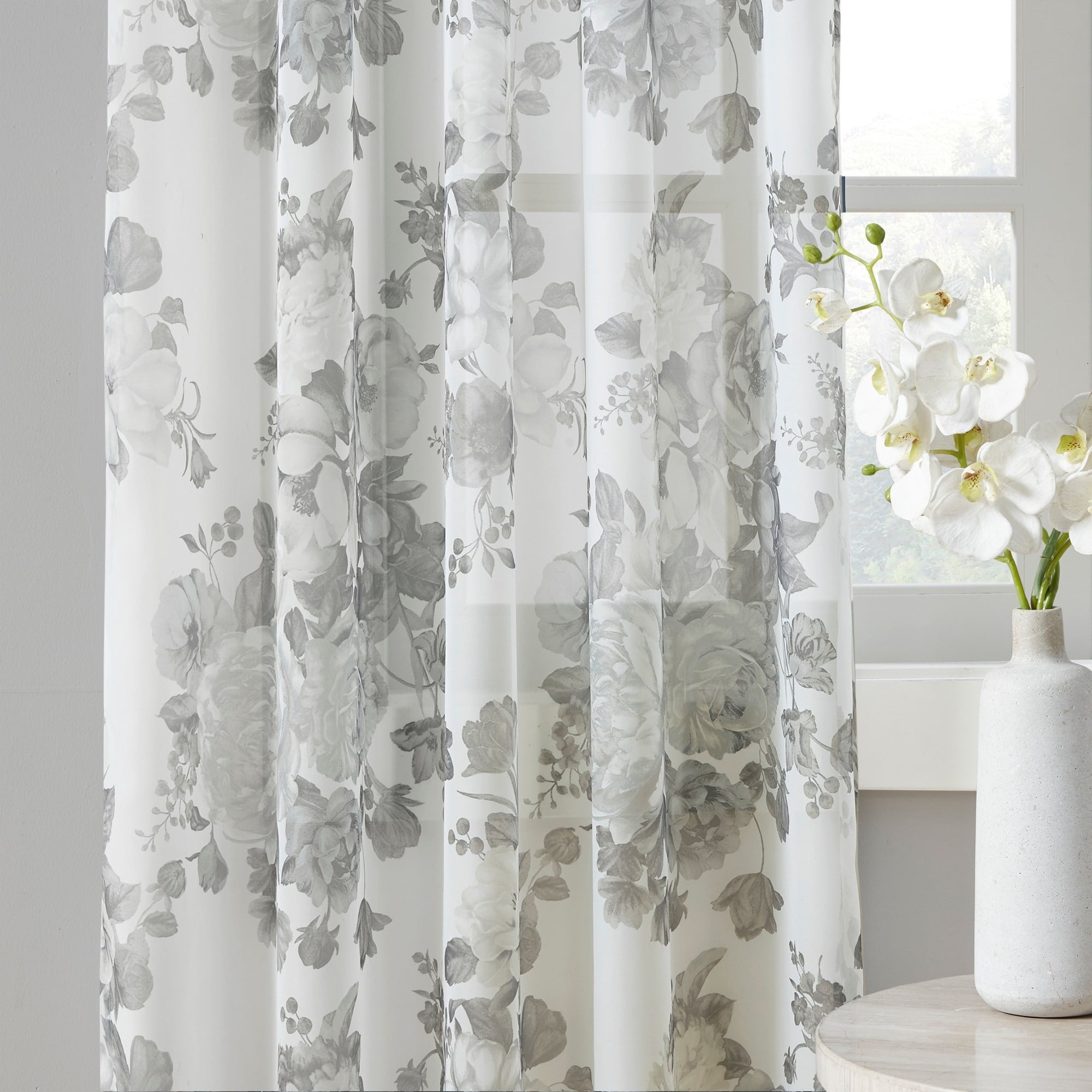 Madison Park Abelia Printed Floral Rod Pocket and Back Tab Voile Sheer Curtain