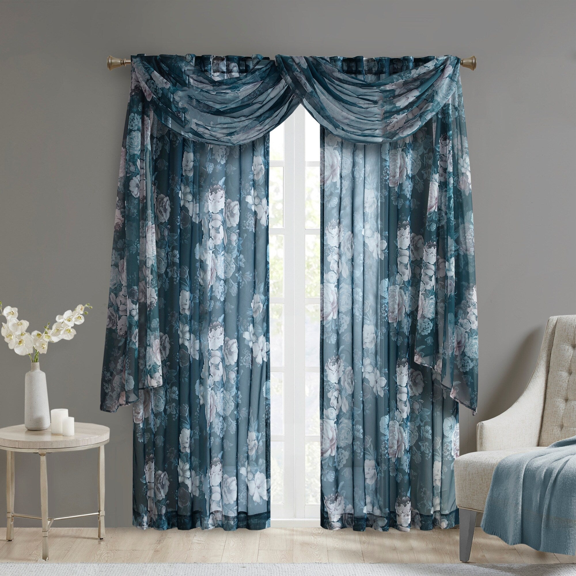 Madison Park Abelia Printed Floral Rod Pocket and Back Tab Voile Sheer Curtain