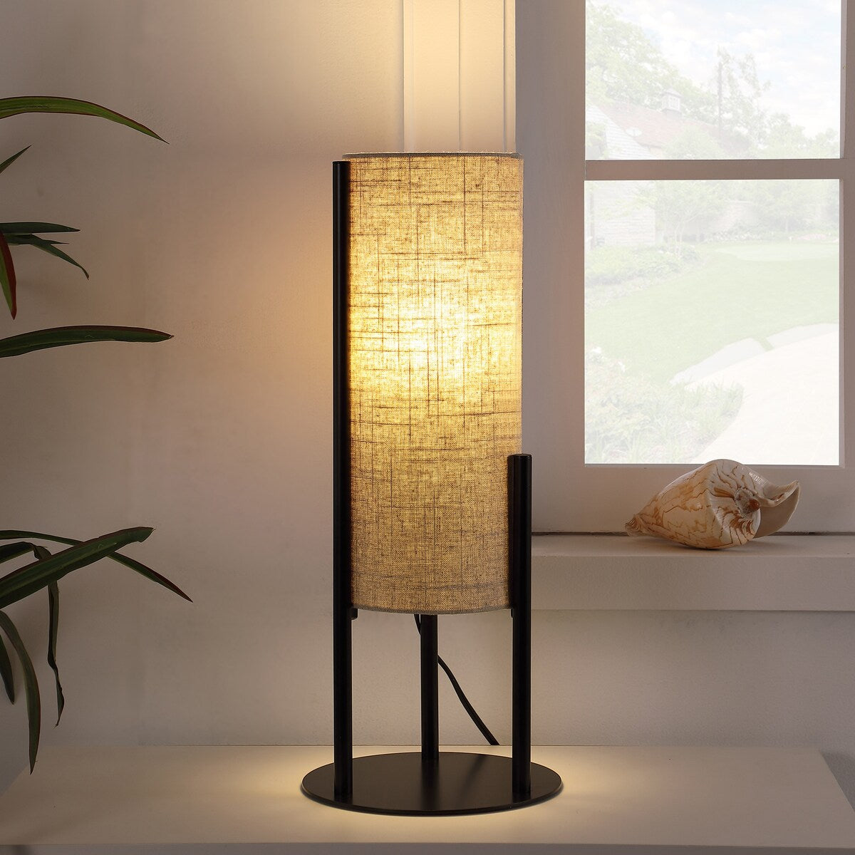 22 In. H Modern Upright Beige Linen Drum Accent Table Lamp