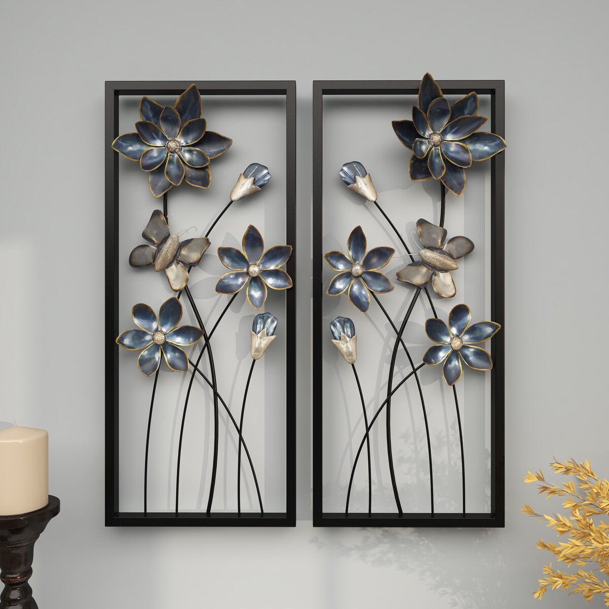 Metal Floral Home Wall Decor with Black Frames and Butterfly Accents - Set of 2 Teal - Roche River Decor