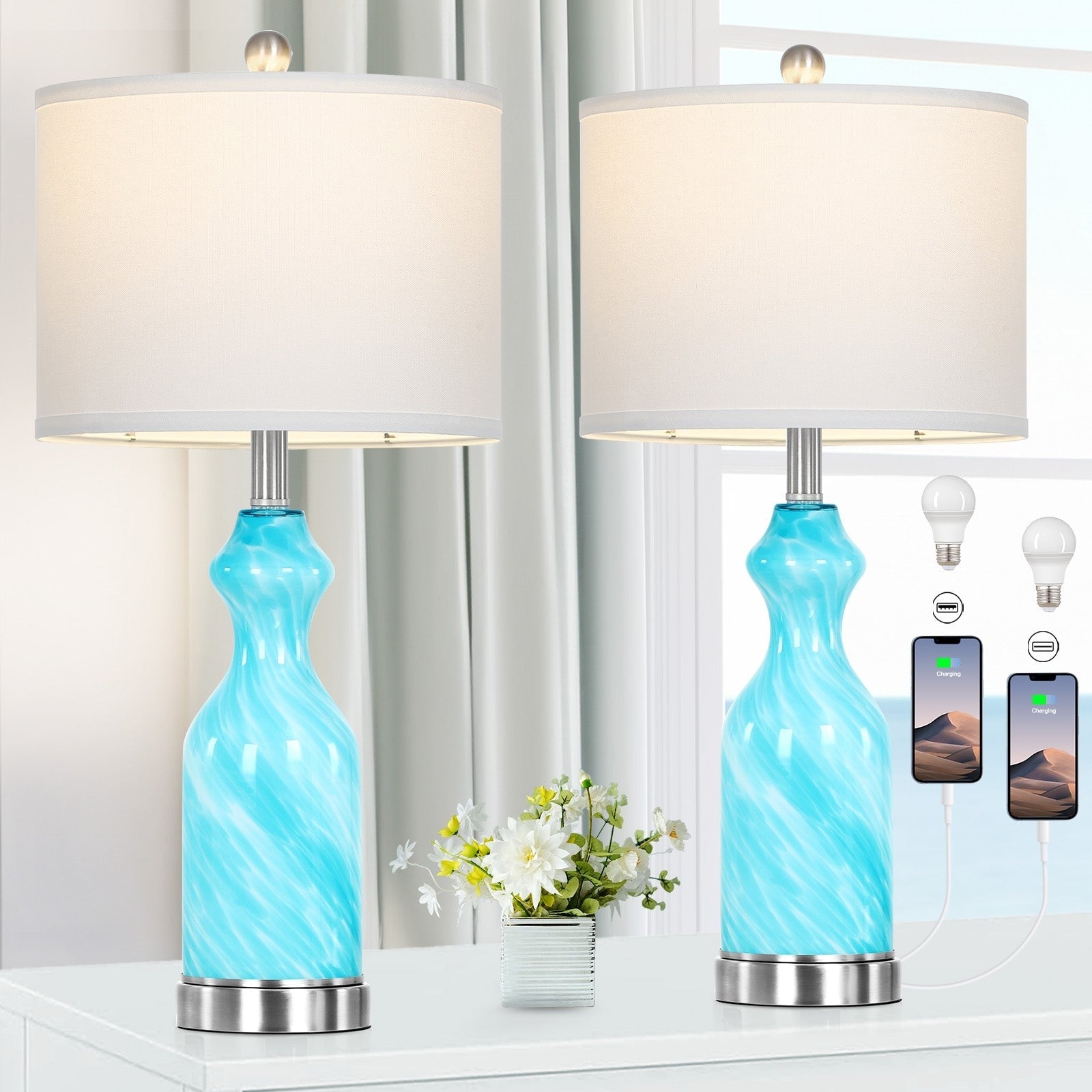 Blue Glass Nightlight Table Lamps 2in1 with USB and type-C Charging Ports (Set of 2) - 12'' x 12'' x 26'' (L x W x H)