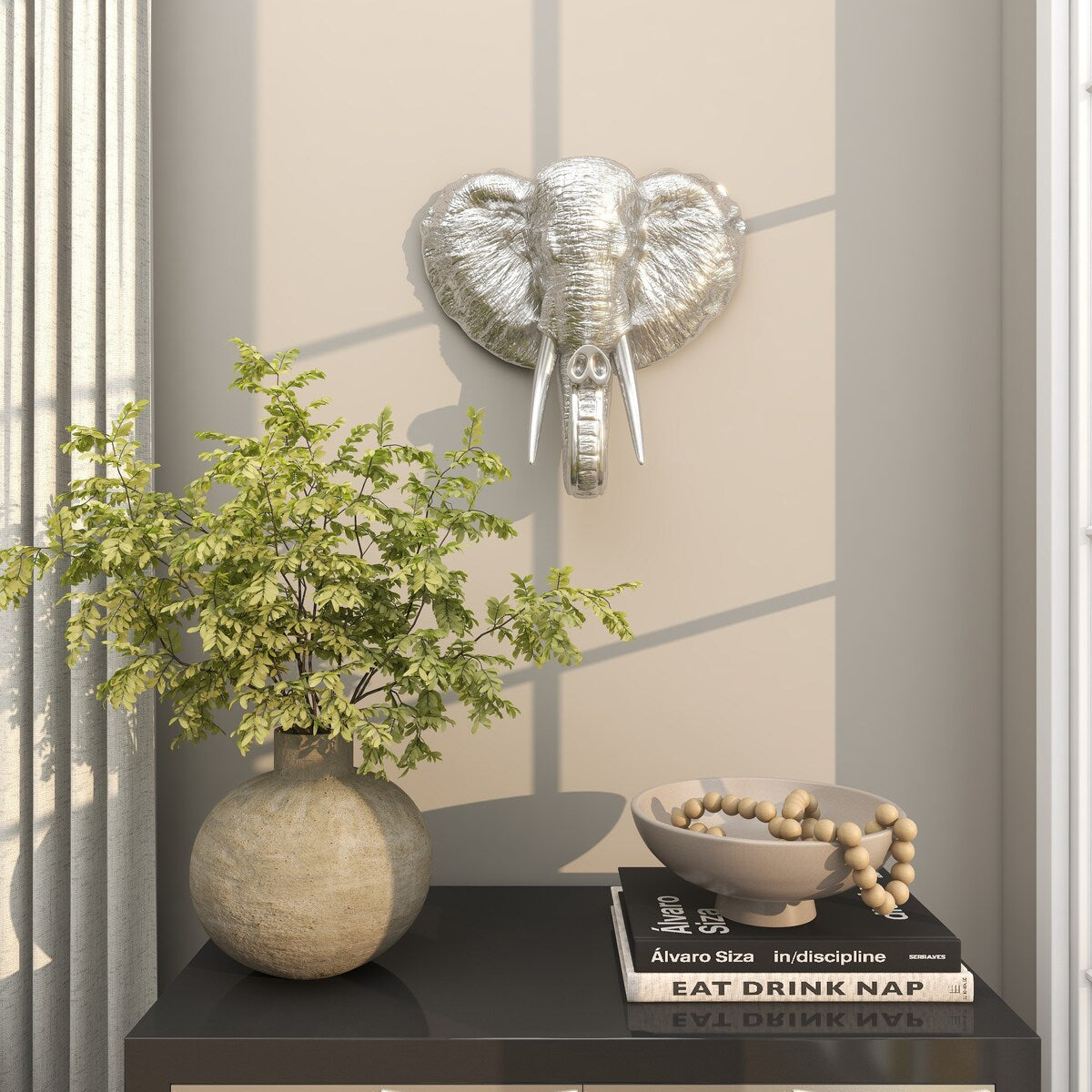 Polystone Elephant Metallic Home Wall Decor with Tusks - Silver - Roche River Decor