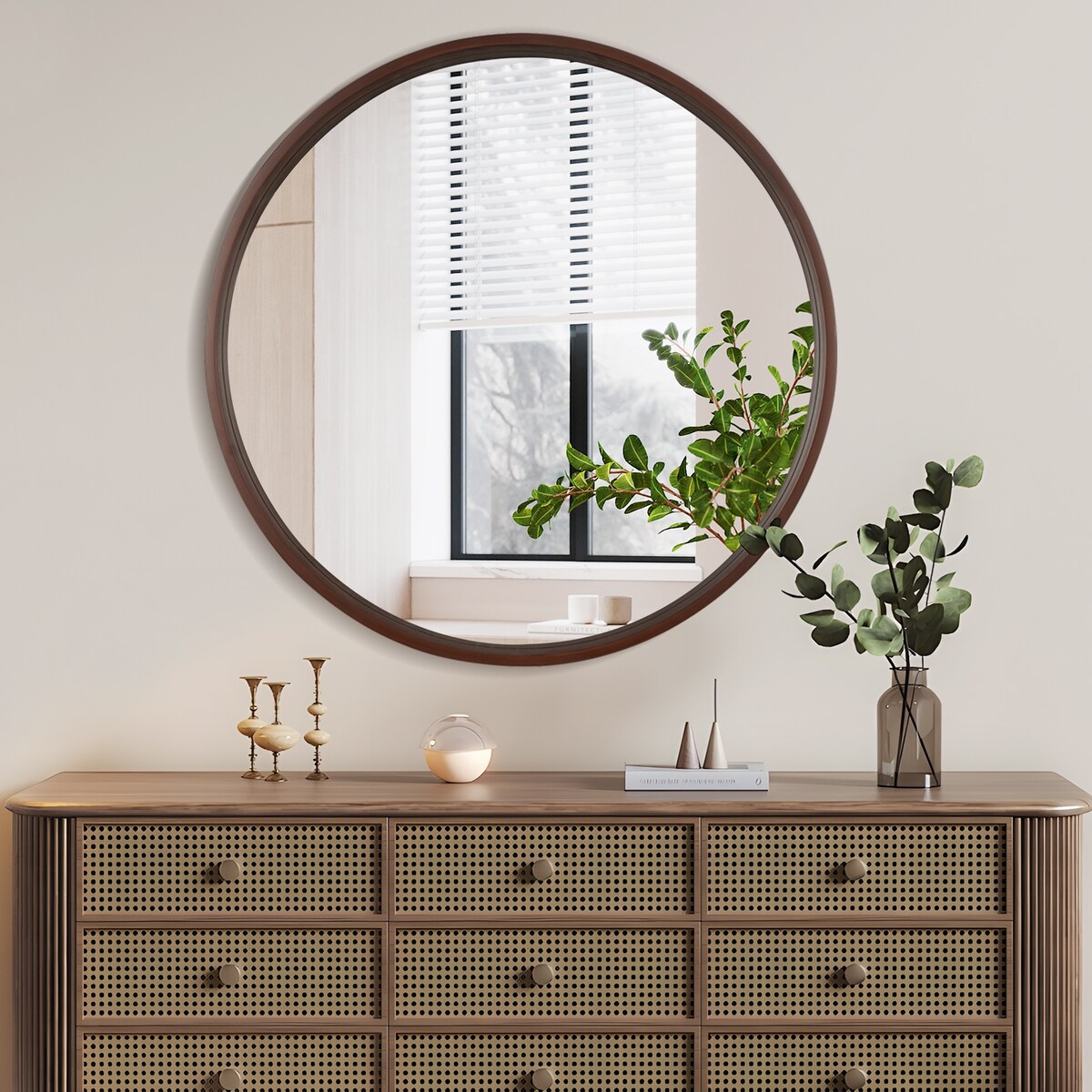 Classic Wooden Frame Farmhouse Round Wall Mirror