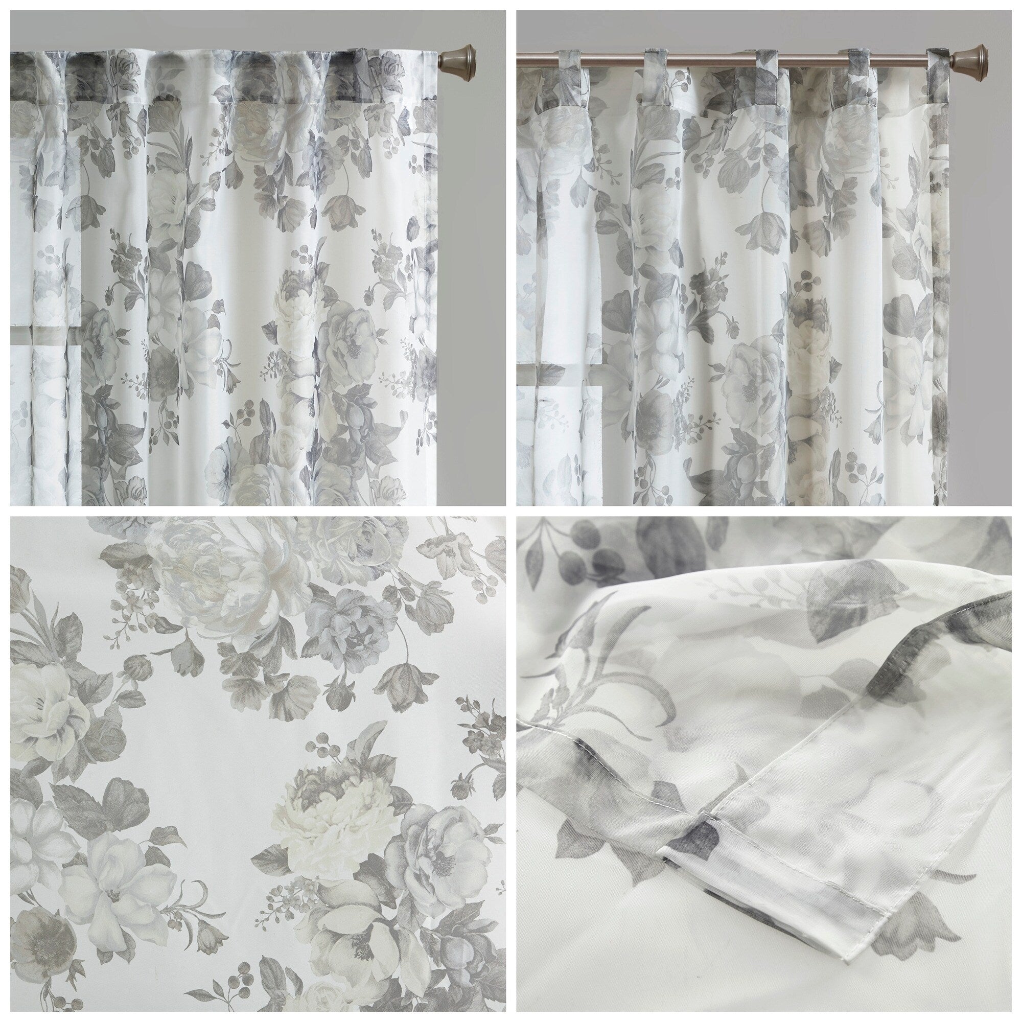 Madison Park Abelia Printed Floral Rod Pocket and Back Tab Voile Sheer Curtain