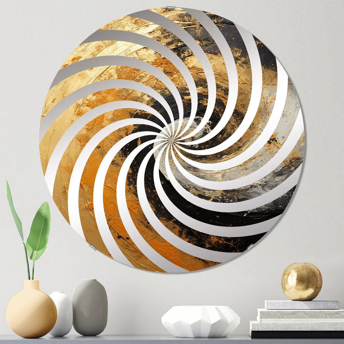 Designart Gold Black Desert Mirage Spiral I Abstract Spirals Gold Wall Mirror - Modern Large Mirror For Living Room