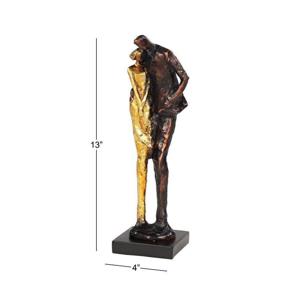 Tall Metallic Bronze & Gold Human Figurines Embracing Sculpture on Black Base, 4 x 13