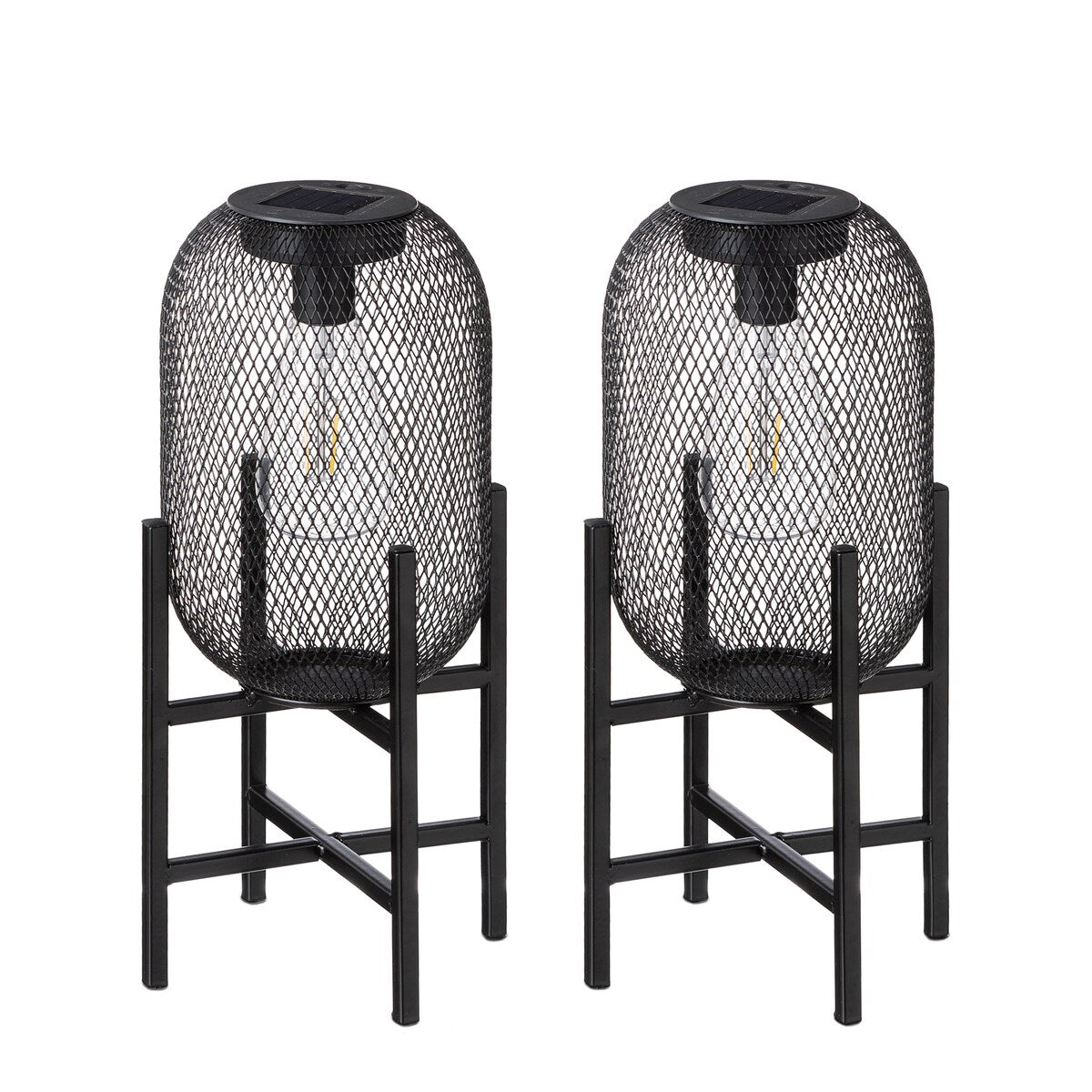 Glitzhome Set of 2 Metal Black Solar Powered Outdoor Lantern with Stand