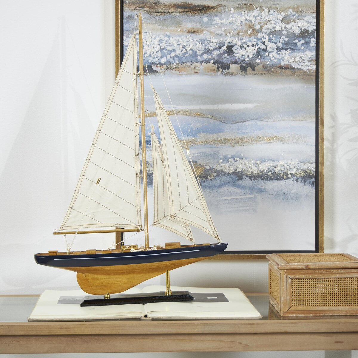 Wood Sail Boat Decorative Sculpture with Beige and Navy Accents and Lifelike Rigging - Brown - Roche River Decor