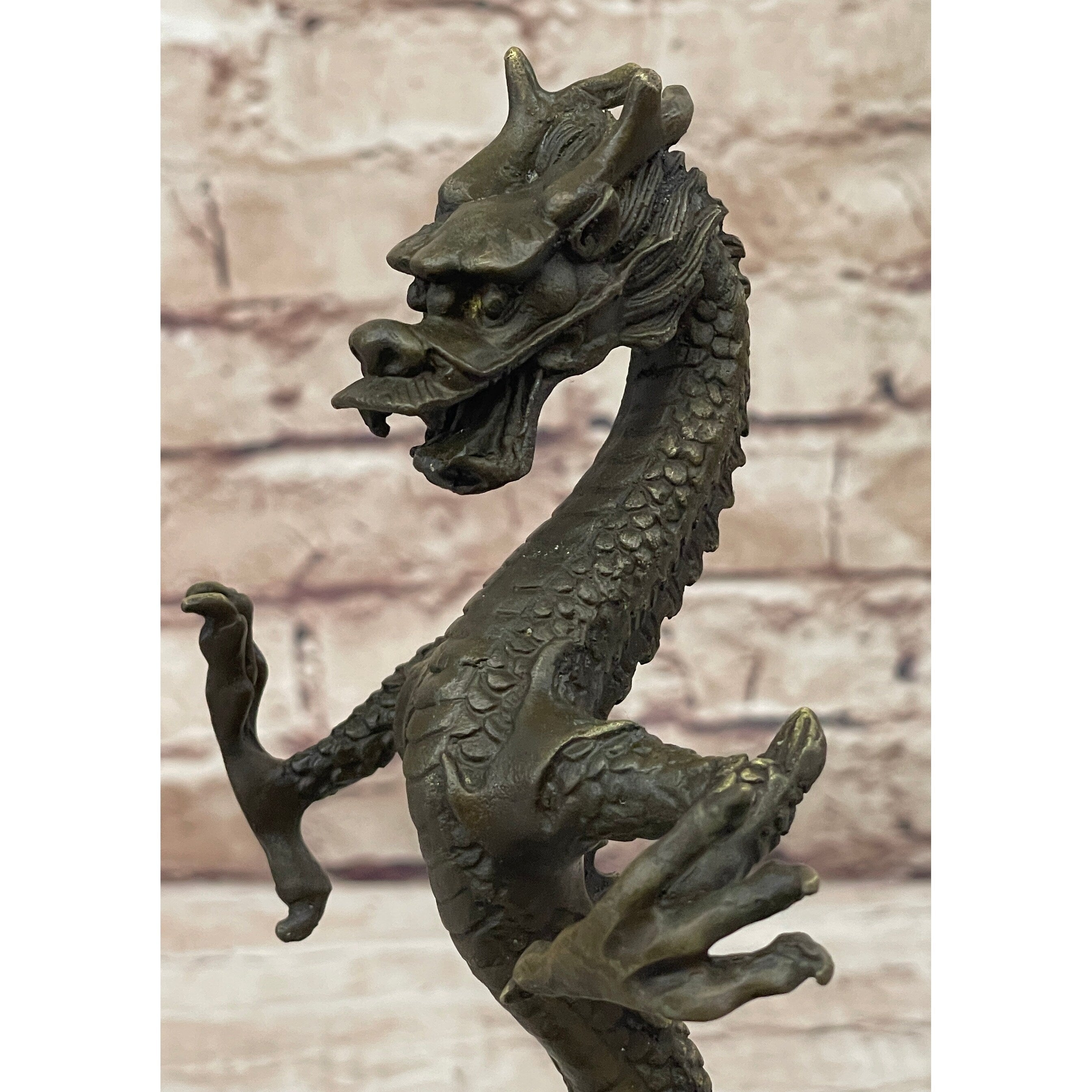 Skinny Chinese Dragon Bronze Sculpture Statue Figure On Marble Base