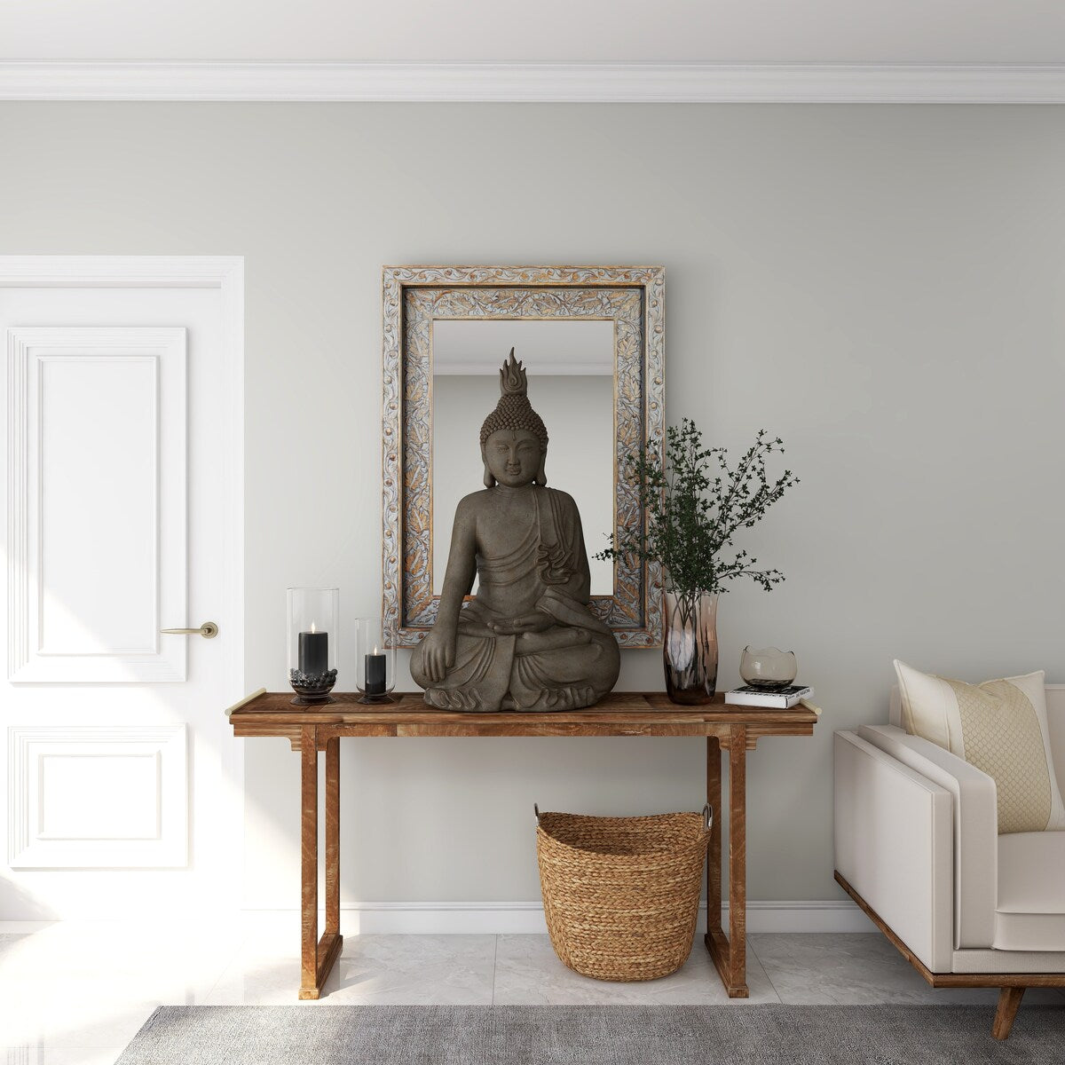 Polystone Buddha Meditating Decorative Sculpture with Engraved Carvings and Relief Detailing - Gray - Roche River Decor