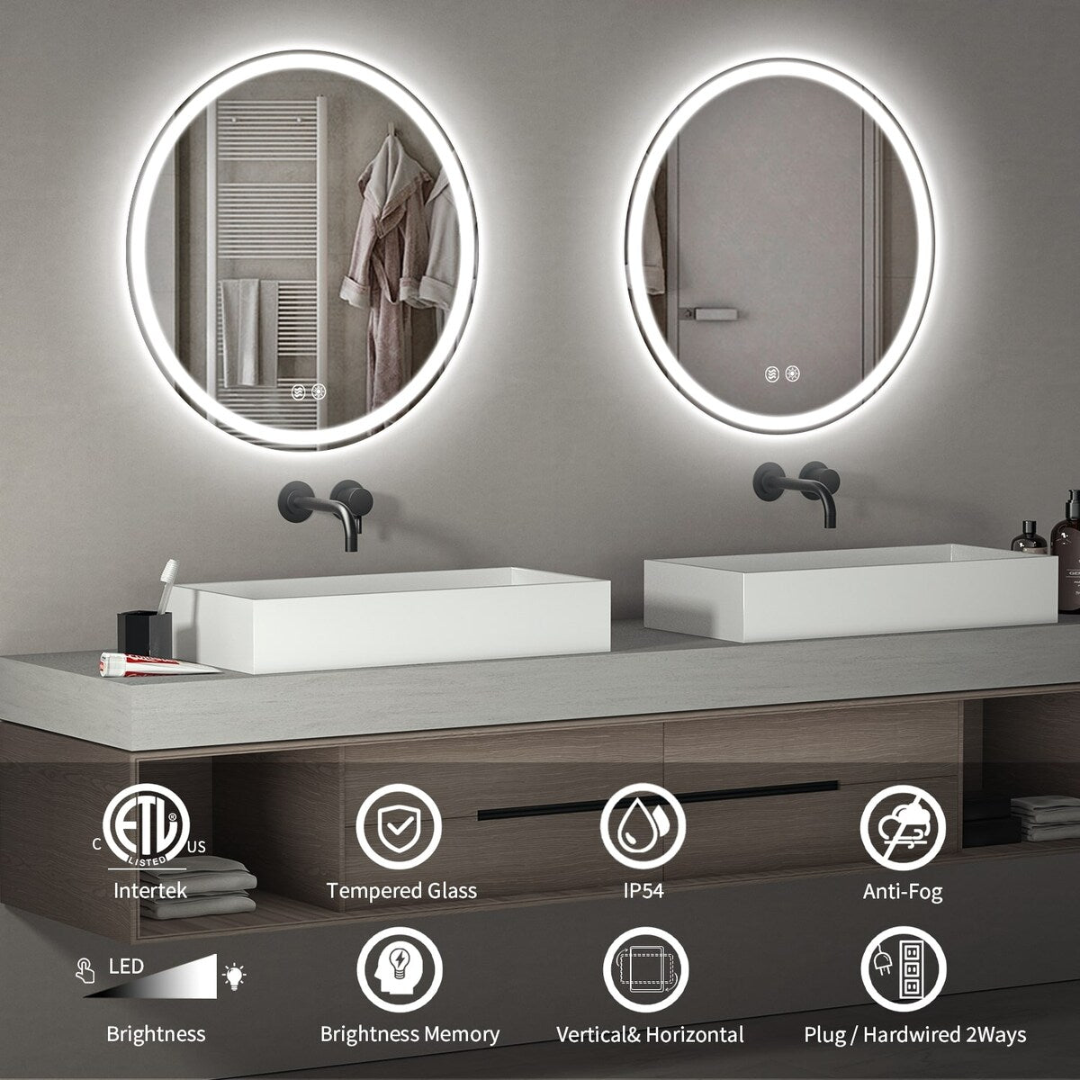 LED Lighted Dimmable Anti Fog Frameless Rounded Vanity Mirror