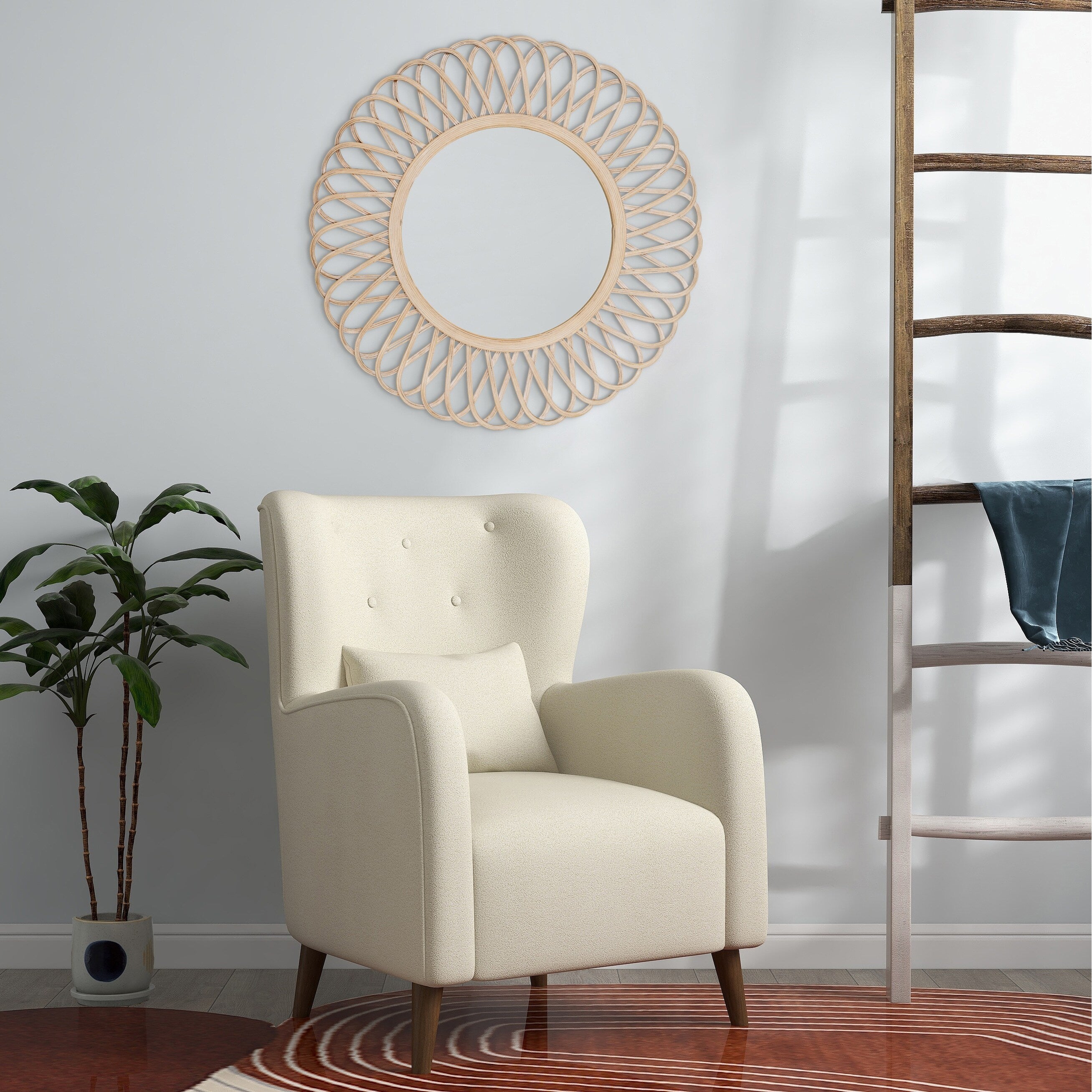 Sagebrook Home 35 Diameter Daisy Mirror, Natural Color Wicker Decorative Accent Mirror, Hanging Round Mirror - 35 x 35 x 2