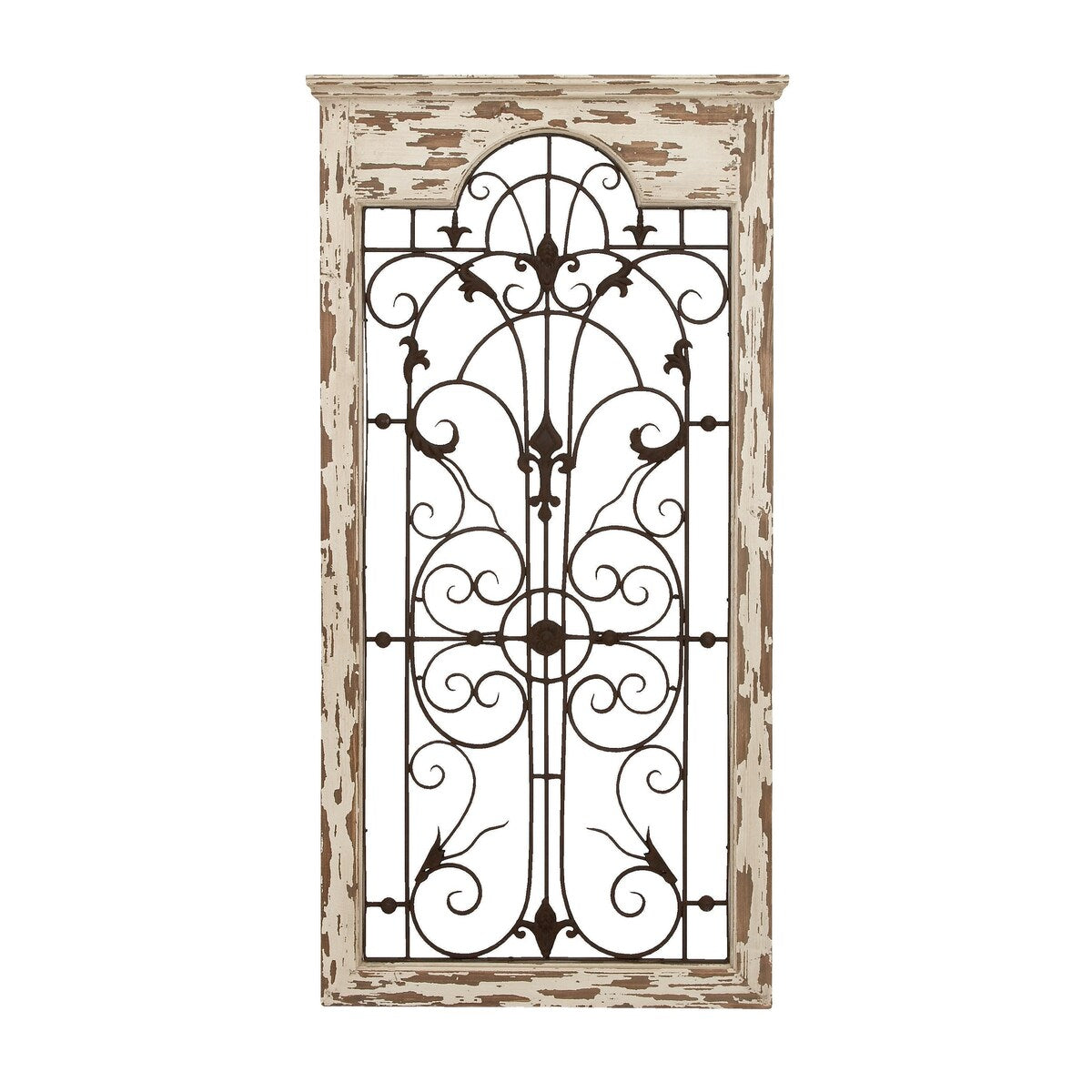 Wood Scroll Distressed Window Inspired Panel Home Wall Decor with Black Metal Fleur De Lis Relief - White - Roche River Decor