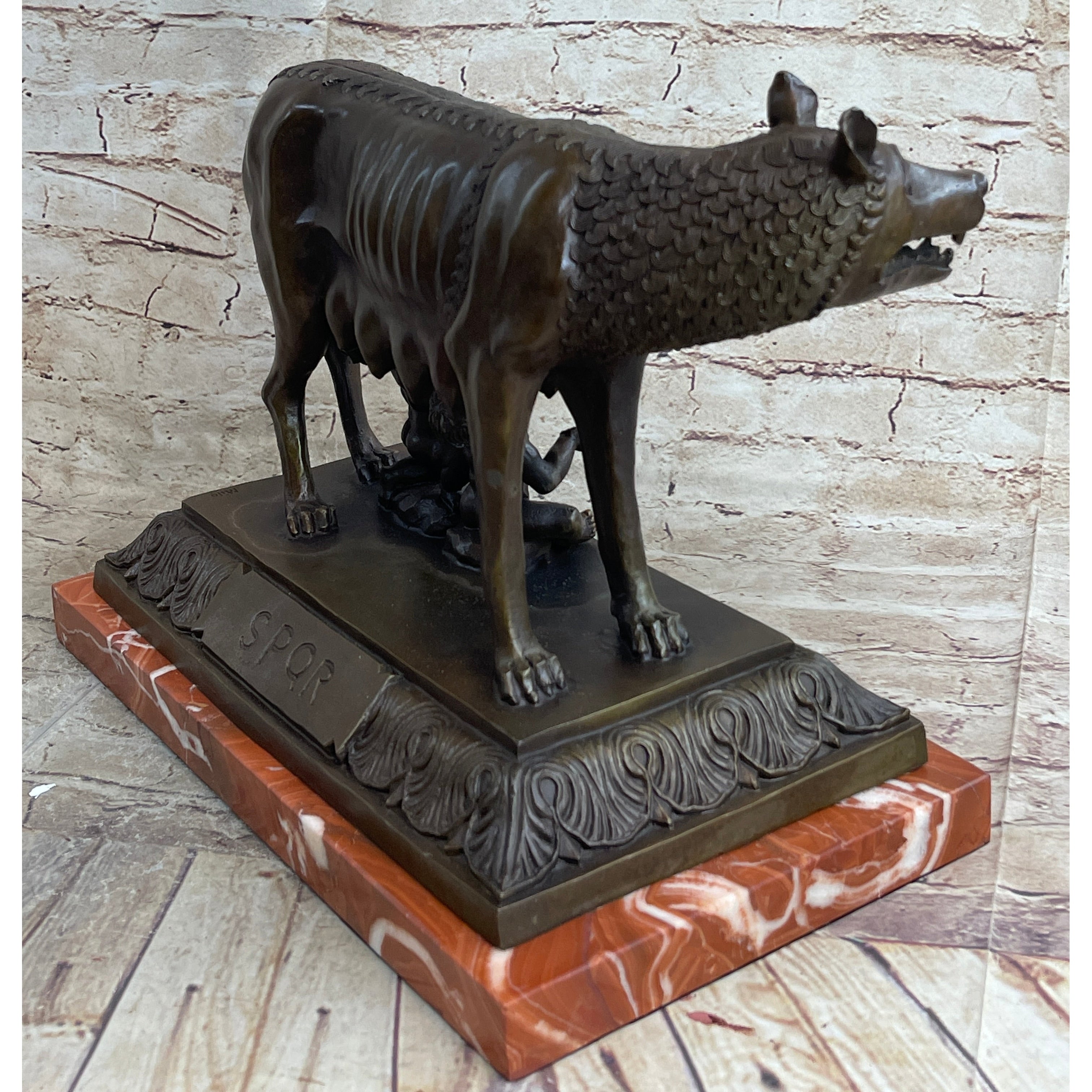 The Capitoline Wolf Romulus Remus Bronze Metal Statue Sculpture On Rose Marble Base 12 Inches X 15 Inches