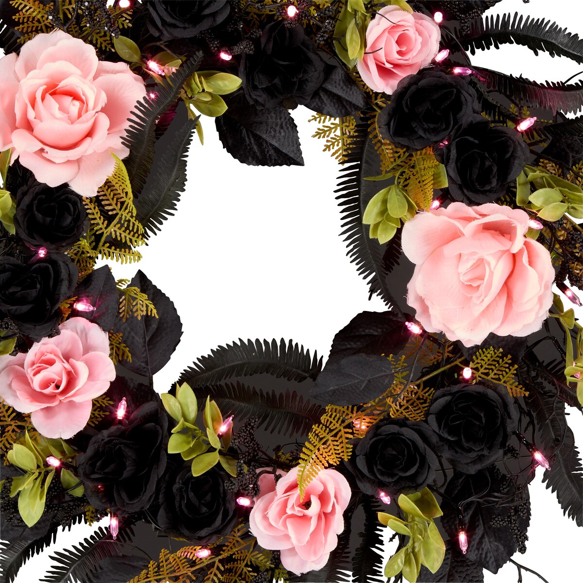 National Tree Company 24 Artificial Cute and Creep Halloween Wreath, 40 Pink LED Lights, Battery Operated