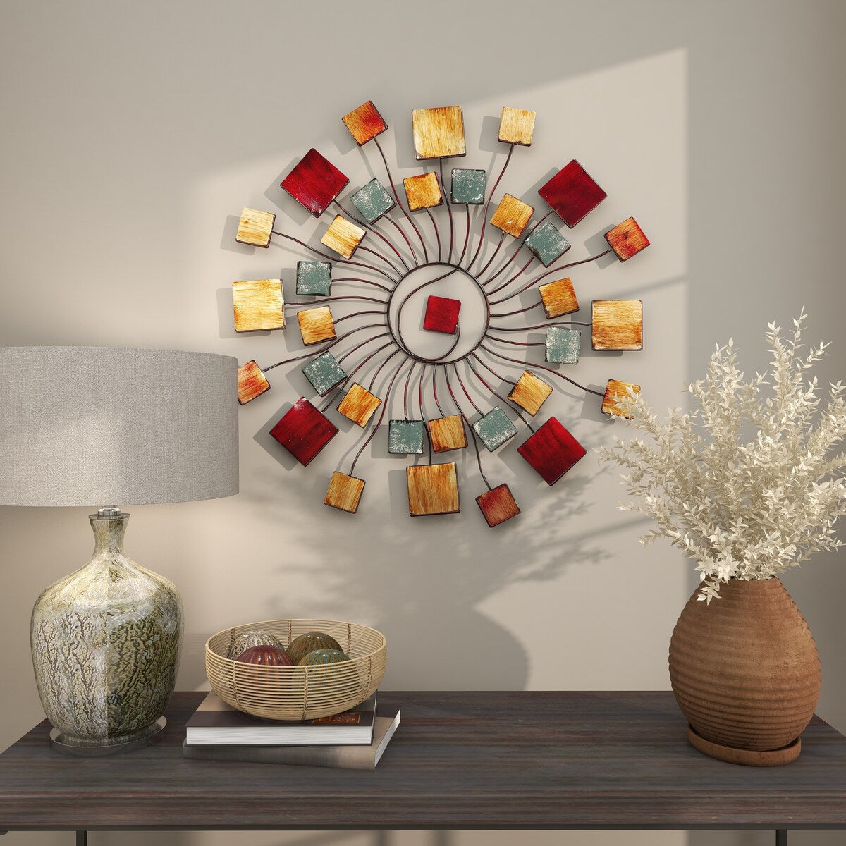 Metal Sunburst Wire Home Wall Decor with Square Shaped Accents - Multi Colored - Roche River Decor