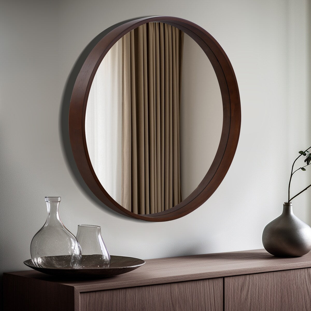 Classic Wooden Frame Farmhouse Round Wall Mirror