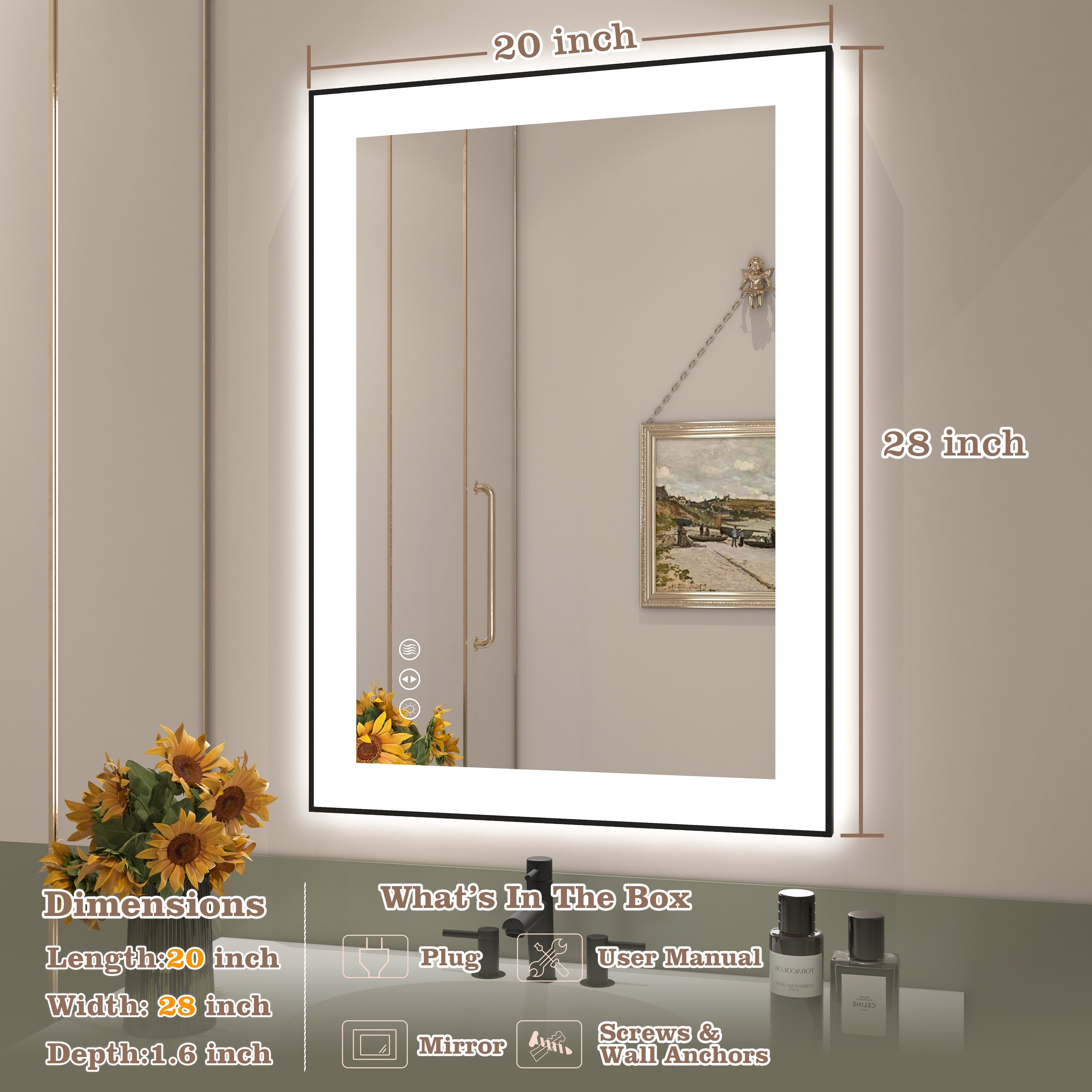 Rectangular Aluminum Framed Backlit and Front Light LED Wall Bathroom Vanity Mirror in Black - N/A