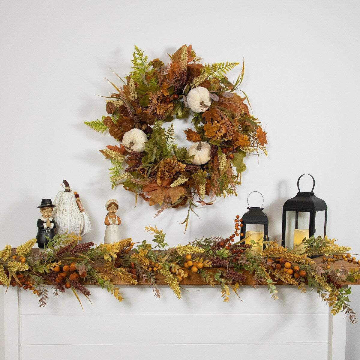 Pumpkins and Leaves Artificial Fall Harvest Wreath - 26 - Unlit