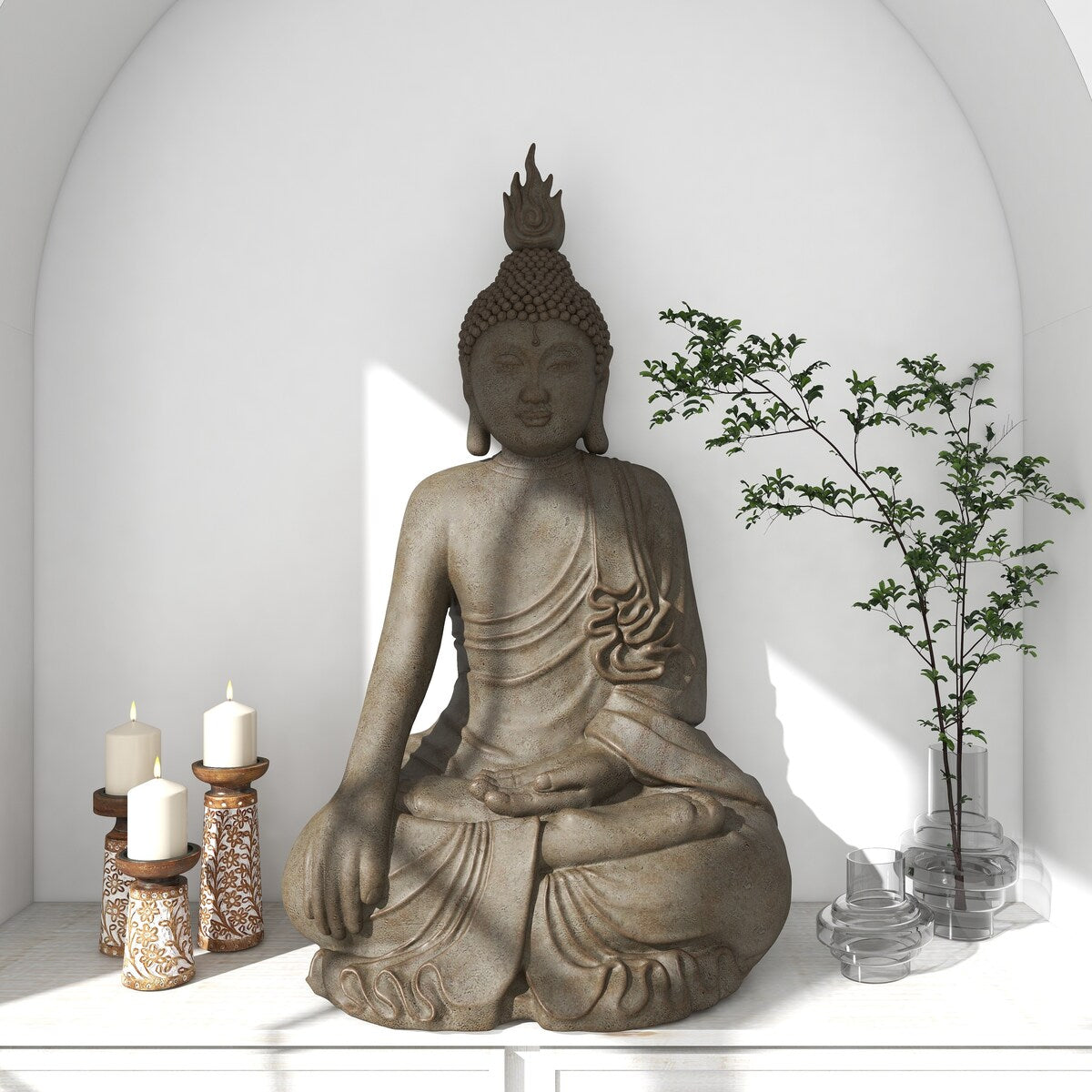 Polystone Buddha Meditating Decorative Sculpture with Engraved Carvings and Relief Detailing - Gray - Roche River Decor