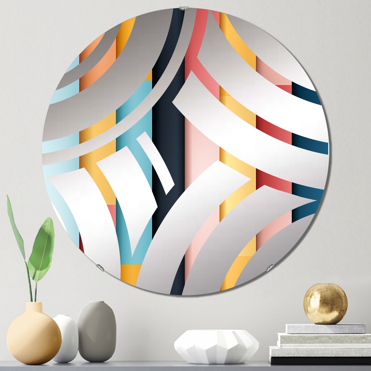 Designart Vibrant Serenity Blue And Pink Lines Pattern - Modern Striped, Abstract Centre Wave Decorative Mirror