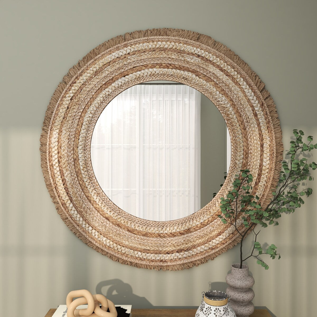 Wooden Woven Room Wall Mirror with Fringe Ends - Beige - Roche River Decor