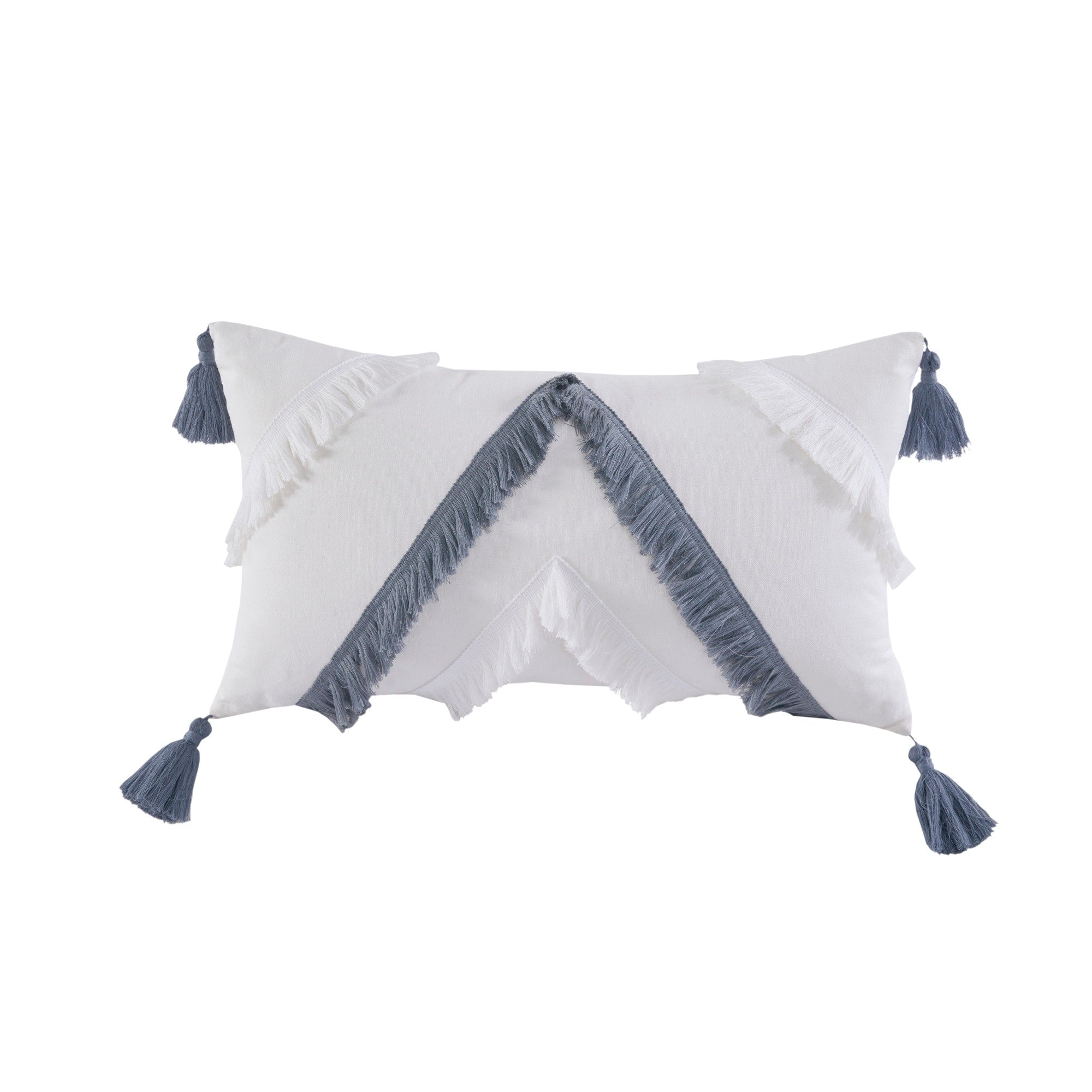 INK+IVY Reva Off White/Blue Cotton Oblong Pillow with Tassels 12W x 20L