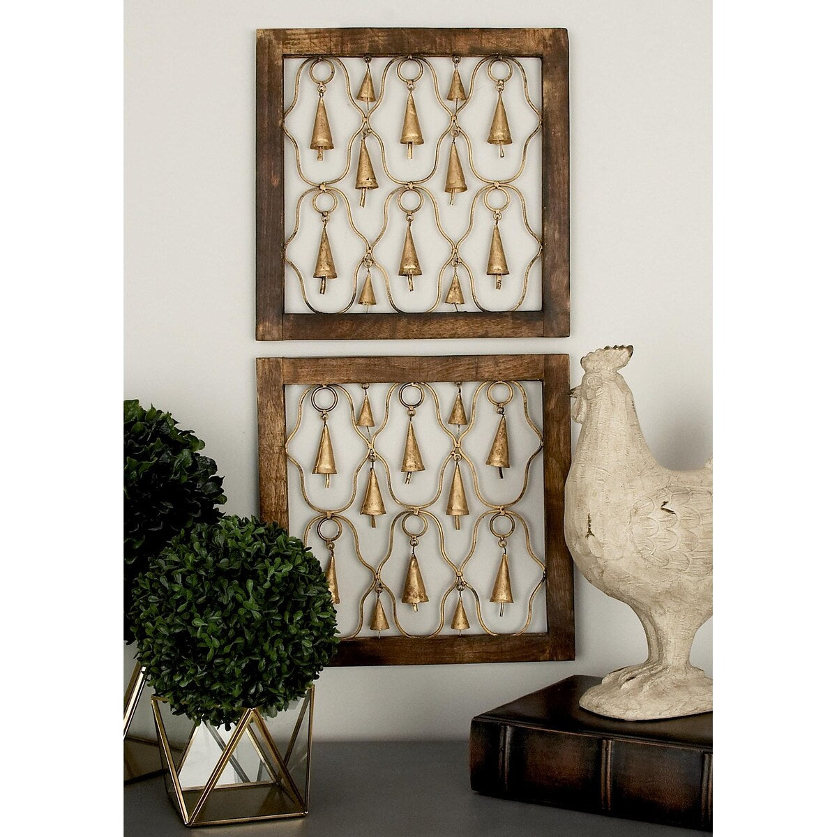 Mango Wood Bell Framed Home Wall Decor - Set of 2 Brown - Roche River Decor