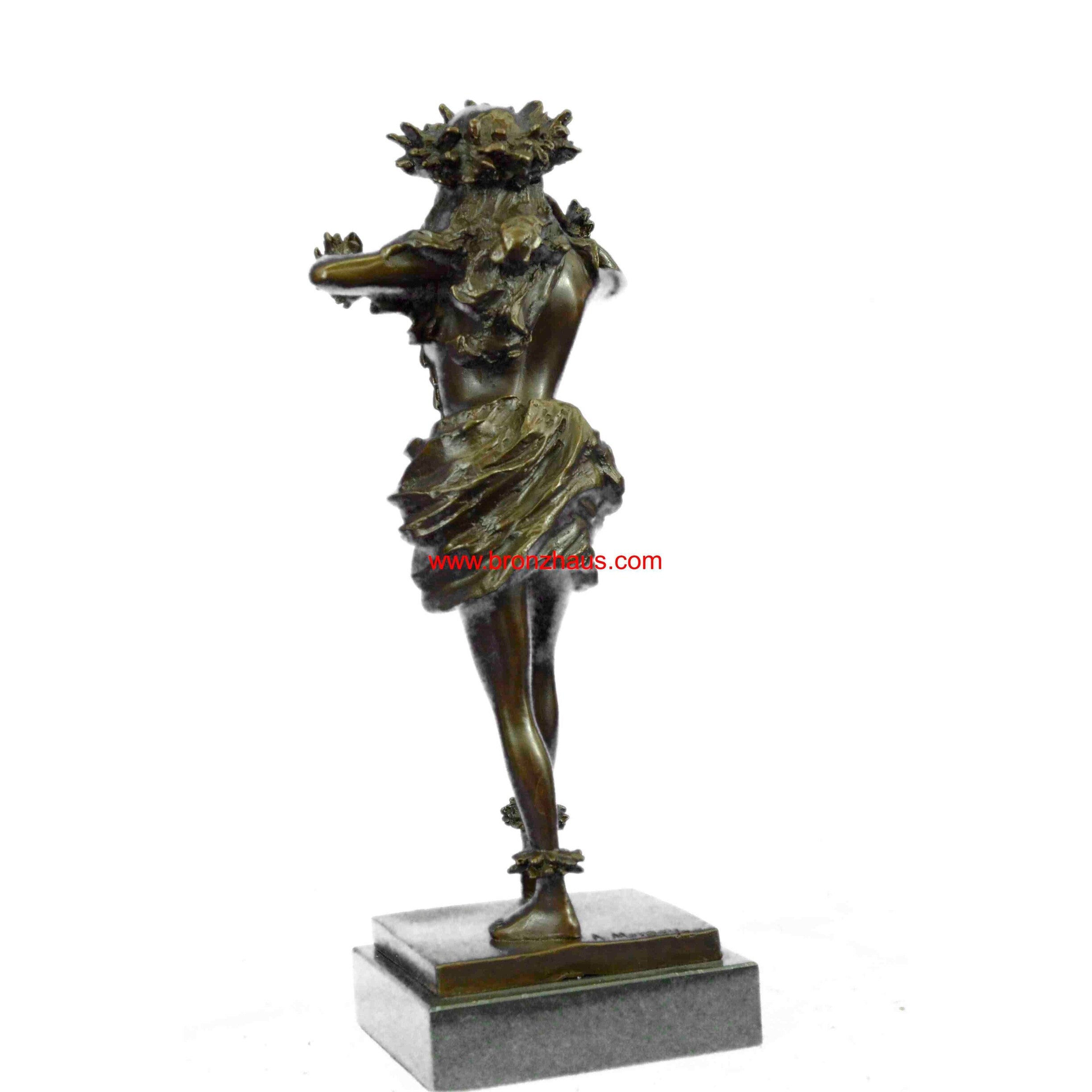 Gilt Hawaiian Girl W/Lei Flower Bronze Sculpture Hot Cast Marble Base Figurine