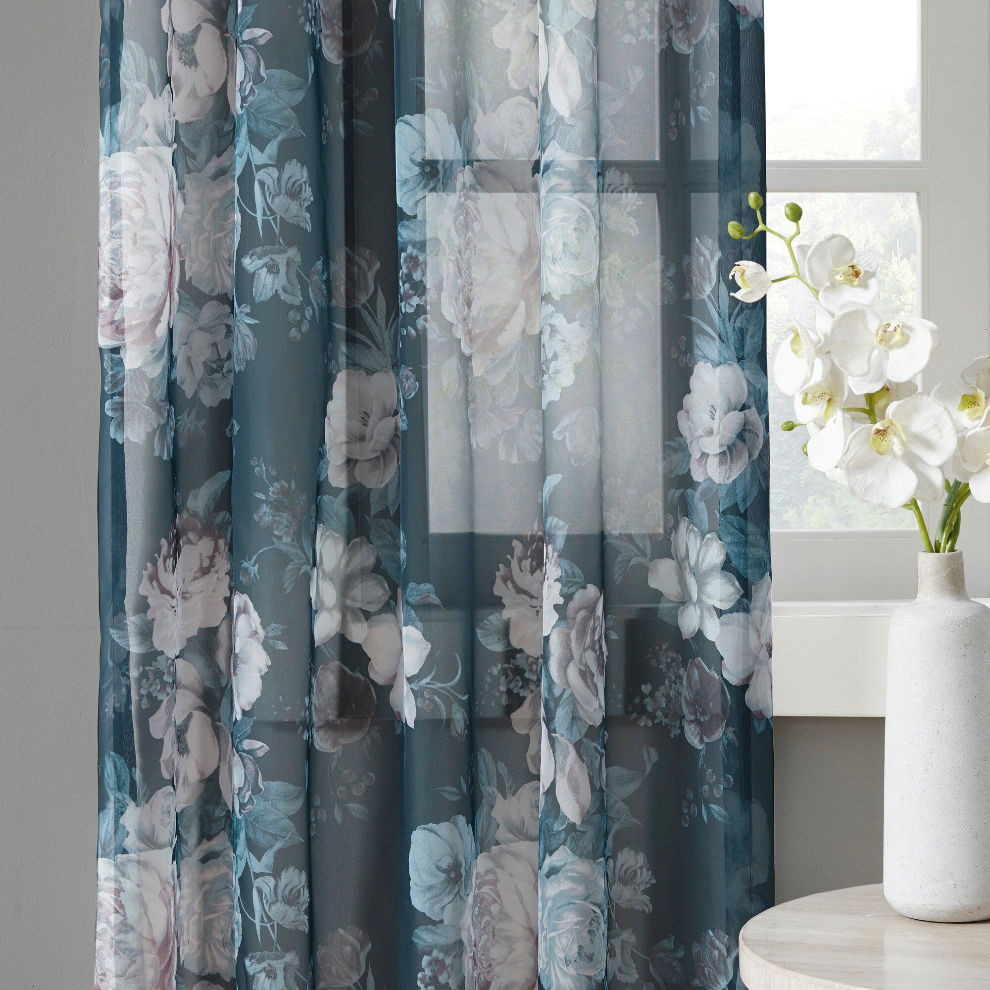 Madison Park Abelia Printed Floral Rod Pocket and Back Tab Voile Sheer Curtain