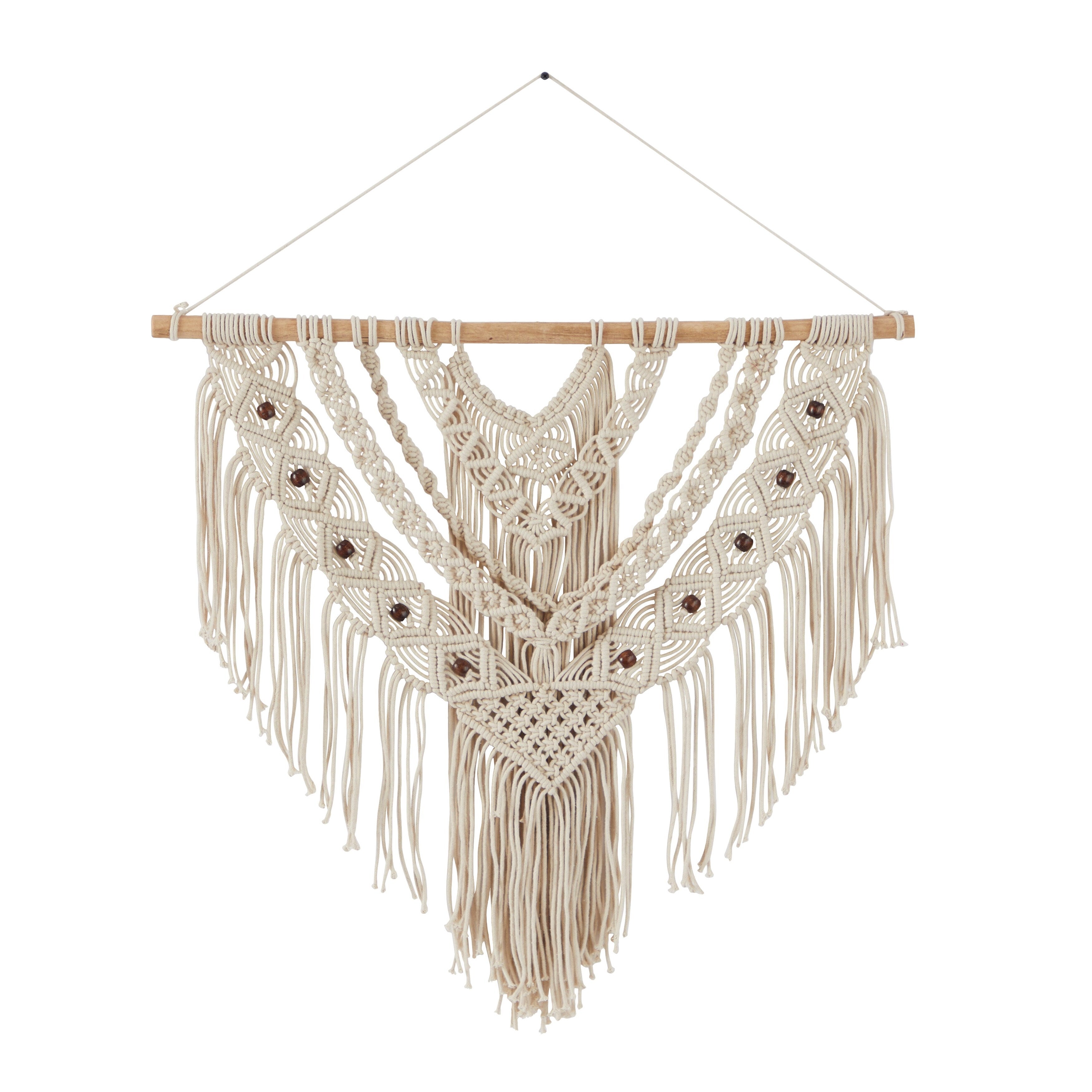 Cotton Handmade Intricately Weaved Macrame Wall Decor with Beaded Fringe Tassels - Gray or Cream