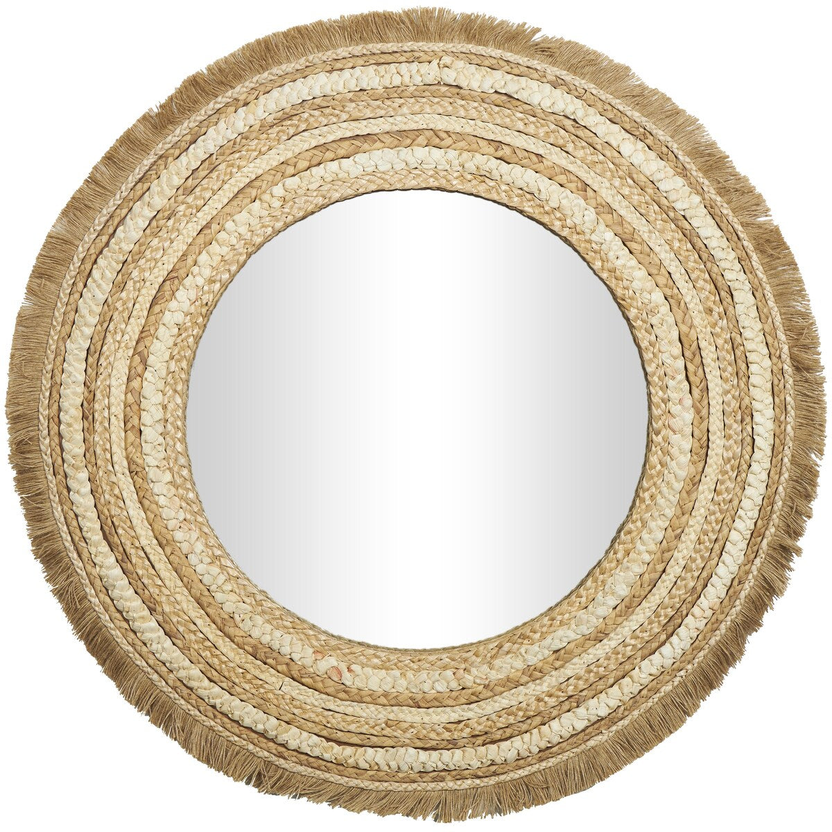 Wooden Woven Room Wall Mirror with Fringe Ends - Beige - Roche River Decor